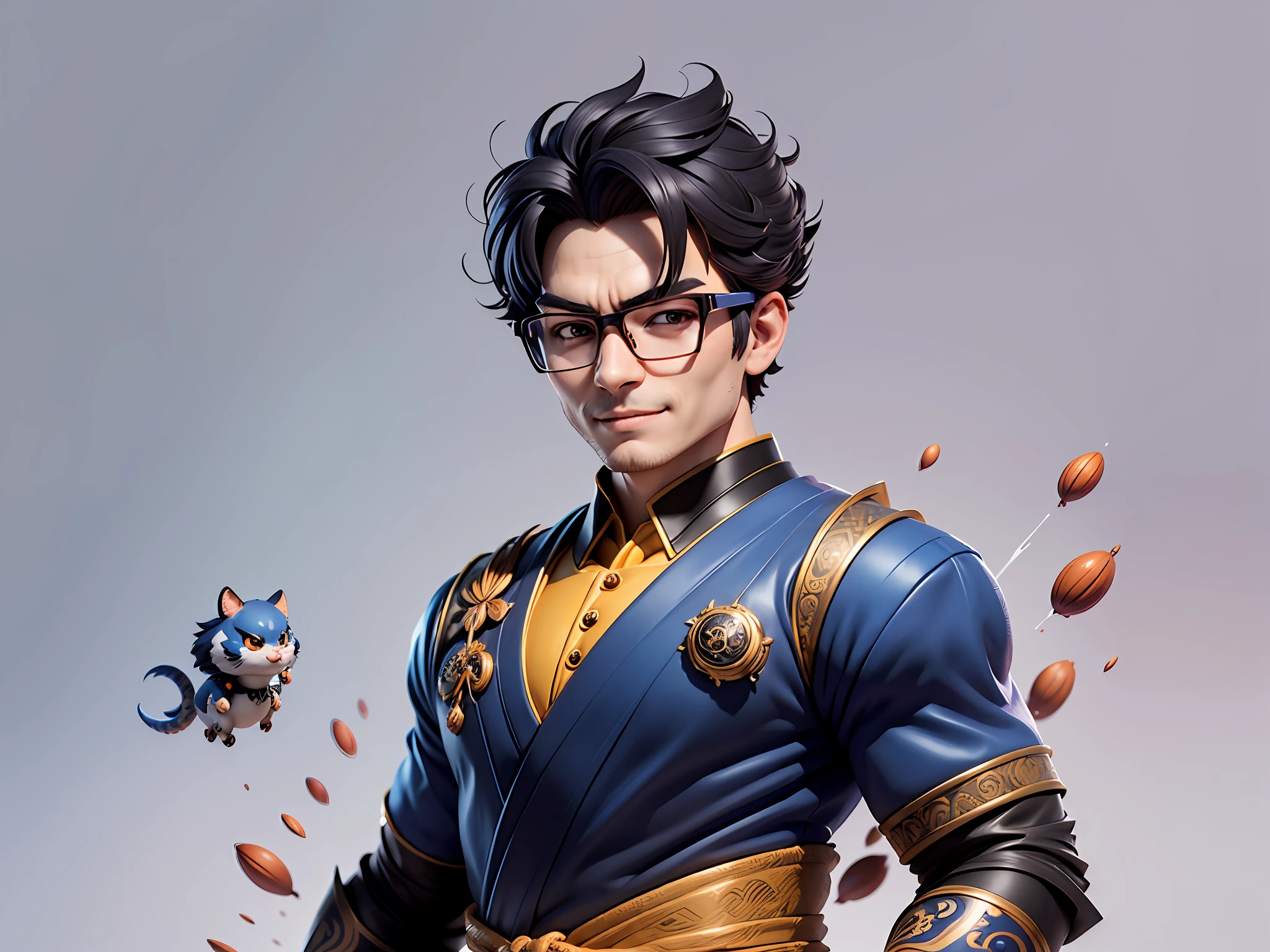 (Masterpiece), (Excellent), (Super Meticulous), (Full Body: 1.2), Super Young Man with Japanese Female Geisha, Pretty, Beautiful, Chinese Dragon, Tiger, Wind God Thor, Sexy, Bursting, Oriental Face, TV Anchor, Bust Portrait Illustration, Black Suit, Blue Tie, Slightly Chubby Face, Silver Glasses, Very Clean Face, No Beard on Chin, Black Super Short Hair, Black Eyes, Confident Smile, 3c Computer Sub-Products, iPad, iPhone, Digital Painting, 3D character design by Mark Clairedon and Pixar and Hayao Miyazaki and Akira Toriyama, the illustrations are HD illustrations in 4K resolution with highly detailed facial features and cartoon-style visuals.