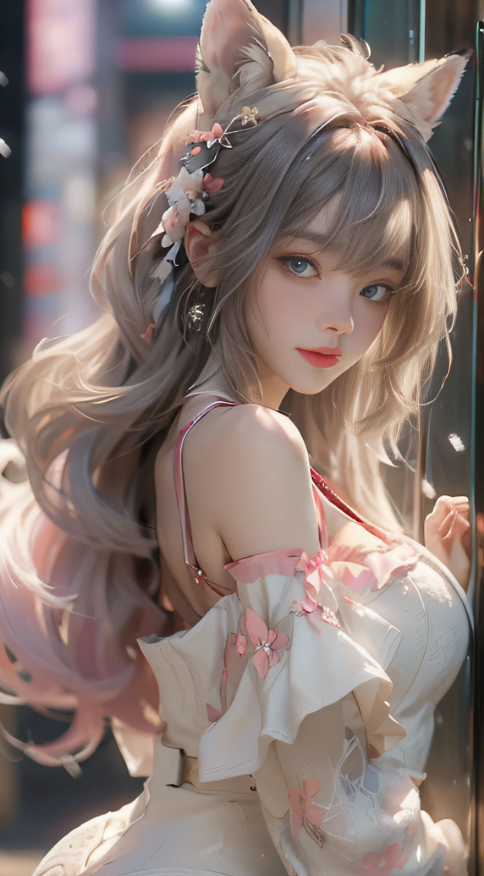 （（best qualtiy））， （（tmasterpiece））， （detail：1.4）， Beautiful cyberpunk female images，hdr（HighDynamicRange），Ray traching，NVIDIA RTX，Hyper-Resolution，illusory 5，sub surface scattering，PBR textures，post-proces，Anisotropy Filtering，depth of fields，maximum definition and sharpness，Many-Layer Textures，Albedo e mapas Speculares，Surface coloring，Mitsu-Accurate simulation of material interactions，perfectly proportioned，rendering by octane，Two-colored light，largeaperture，Low ISO，White balance，Rule three points、8K raw data、Beautiful bright blue pupils，off-the-shoulder clothes，Fine pupils，Delicate face and eyes，long eyelasher，Blushlush，Delicate and fluffy hair，pink lip，Pure，Cute face，Sweet girl，Artistic sense，Casual wear，Advancedsense，butterflys，Cherry blossom petal，Beautiful hair accessories，Long hair and waist，Hair fluttering in the wind，Snow-white fox ears，curlies，Snow-white fluffy tail，Positive light，The light from the back window is backlighted