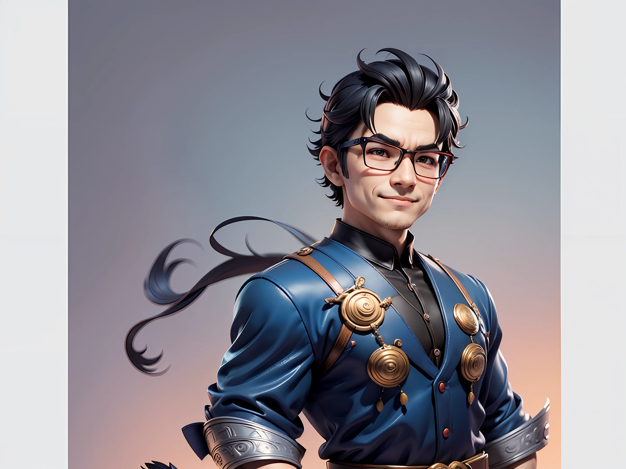 (Masterpiece), (Excellent), (Super Meticulous), (Full Body: 1.2), Super Young Man with Japanese Female Geisha, Pretty, Beautiful, Chinese Dragon, Tiger, Wind God Thor, Sexy, Bursting, Oriental Face, TV Anchor, Bust Portrait Illustration, Black Suit, Blue Tie, Slightly Chubby Face, Silver Glasses, Very Clean Face, No Beard on Chin, Black Super Short Hair, Black Eyes, Confident Smile, 3c Computer Sub-Products, iPad, iPhone, Digital Painting, 3D character design by Mark Clairedon and Pixar and Hayao Miyazaki and Akira Toriyama, the illustrations are HD illustrations in 4K resolution with highly detailed facial features and cartoon-style visuals.