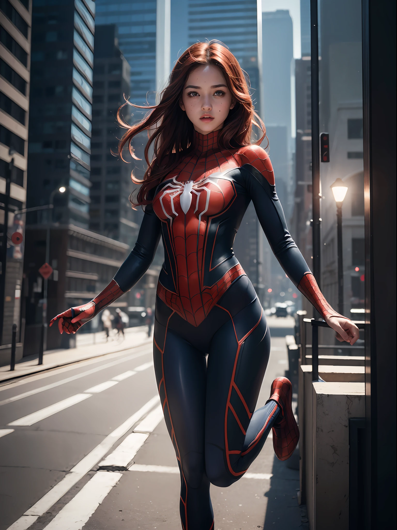 extremely detailed CG,UHD wallpaper, Extreme details,(realistic:1.2),(((best quality))), ((ultra-detailed)), (cute detailed face:1.2), {{highly detailed face}},beautiful and aesthetic,1girl,(masterpiece:1.4),glowing skin,dramatic shadows, intense shadows, SIGMA 35mm F1.4, ISO 200 Shutter Speed 2000,Photorealism,{photorealistic}, photogenic, Girl, finely detailed,HIGH RES, {{intricate detail}},(((beautiful detailed lighting))),beautiful detailed colorful eyes, best quality, 1girl, masterpiece, best quality, 8k, detailed skin texture, detailed cloth texture, beautiful detailed face, intricate details, ultra detailed, european youth, european beauty, Spider-Man uniform, straight red hair, freckles, (full body:1.5), on the top of a building, jumping and throwing net from her hand