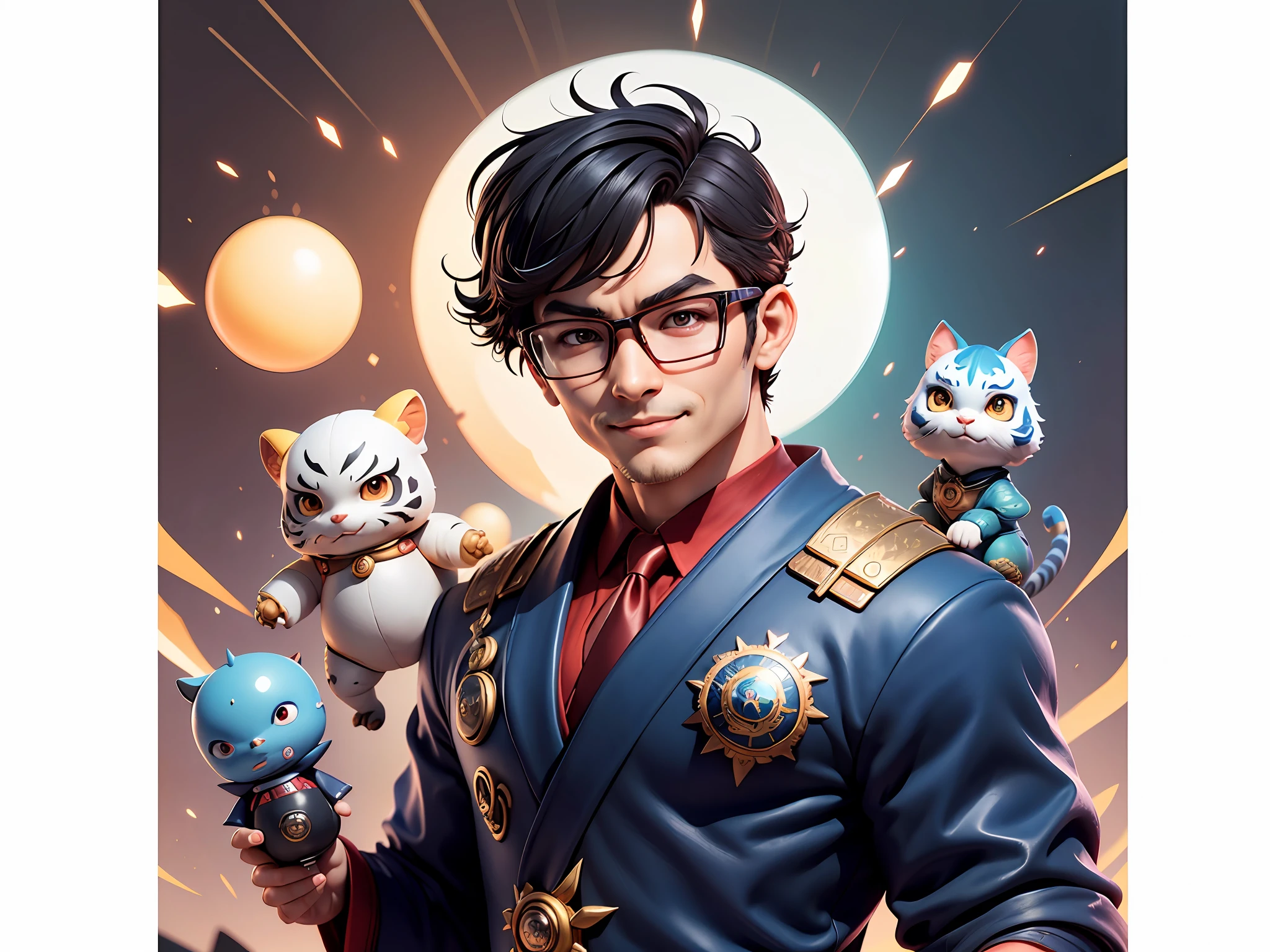 (Masterpiece), (Excellent), (Super Meticulous), (Full Body: 1.2), Super Young Man with Japanese Female Geisha, Pretty, Beautiful, Chinese Dragon, Tiger, Wind God Thor, Sexy, Bursting, Oriental Face, TV Anchor, Bust Portrait Illustration, Black Suit, Blue Tie, Slightly Chubby Face, Silver Glasses, Very Clean Face, No Beard on Chin, Black Super Short Hair, Black Eyes, Confident Smile, 3c Computer Sub-Products, iPad, iPhone, Digital Painting, 3D character design by Mark Clairedon and Pixar and Hayao Miyazaki and Akira Toriyama, the illustrations are HD illustrations in 4K resolution with highly detailed facial features and cartoon-style visuals.