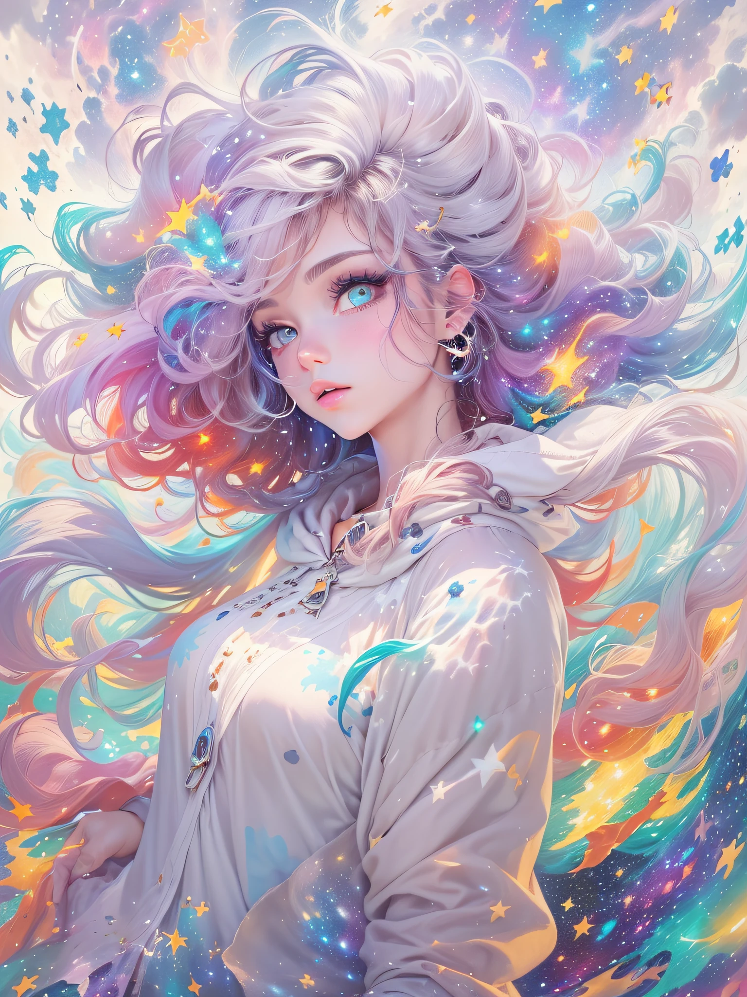 ((masterpiece)), (((best quality))), ((ultra-detailed)), ((illustration)),[realism light effect],shadow,(Fantasy style),(white background:1.6), simple background, (earth theme),(a cloak)[(hair focus,((1girl)),[(big slime hair): (cloud hair):0.3], (hair on background),(high saturation),(hair surrounded by galaxy splashes),)):((her hair is becoming galaxy clouds,:1.27628), (hair and clothes is galaxy clouds and cluster of stars:1.1025),(a cloak is becoming galaxy clouds)(colorful_galaxy_print_clusters_of_stars_print:1.35),((detailed starry sky with colorful galaxy and galaxy clouds):1.2)):0.35], (((masterpiece))),(((best quality))),((ultra-detailed)),(illustration),(dynamic angle),((floating)),(paint),((disheveled hair)),((beautiful detailed face)),collar,bare shoulders, ((colorful hair)),((streaked hair)),beautiful detailed eyes,(Gradient color eyes),(((colorful eyes))),(((colorful background))),(((high saturation))),(((surrounded by colorful splashes))),(((surrounded by colorful dot))),colorful bubble,((shining)),