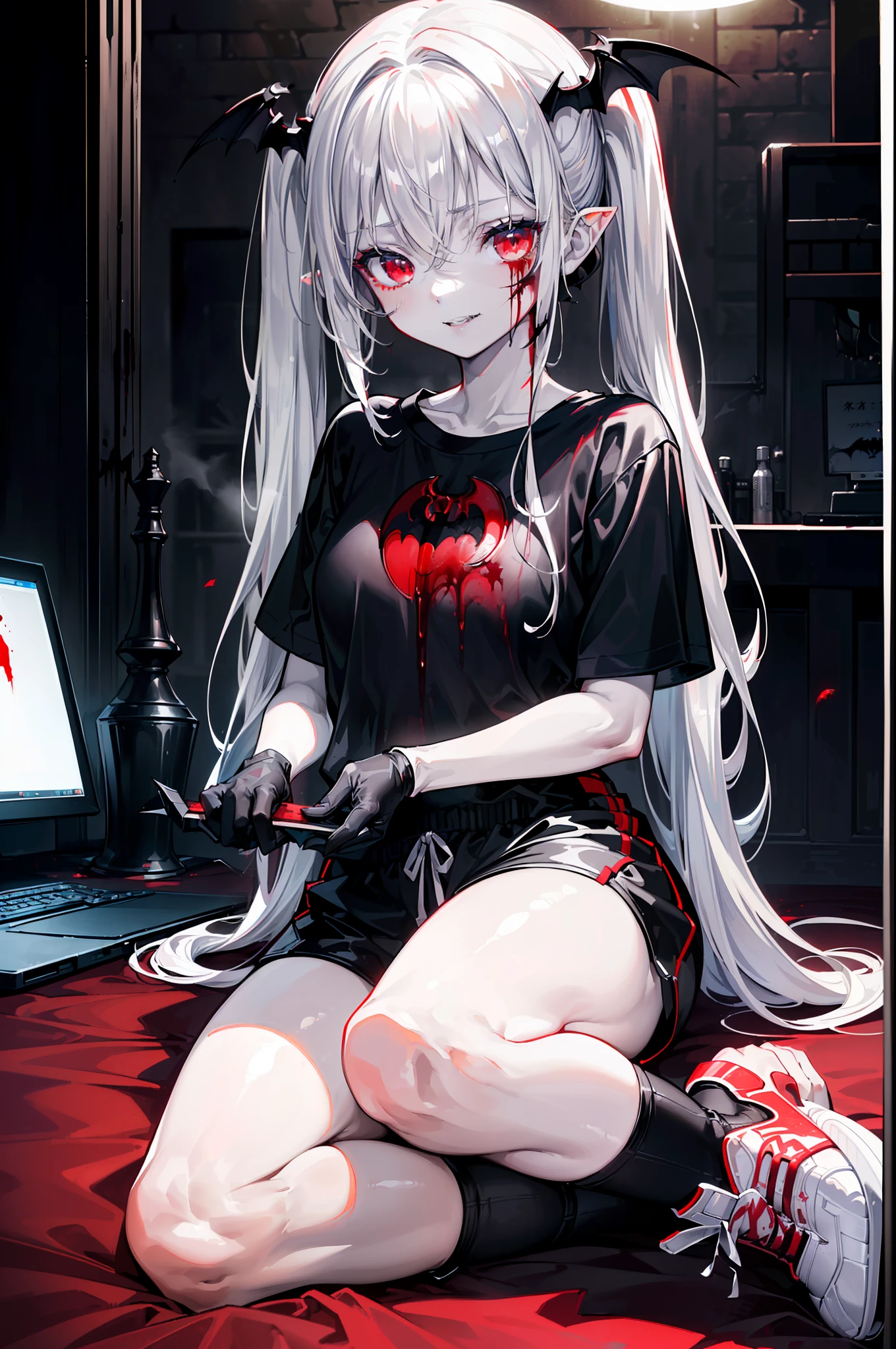 ((masterpiece, best quality, extremely detailed CG, unity 8k wallpaper,anatomically correct,ultra resolution)),Award-winning photography,(best illumination,Very Delicate and Beautiful),(one girl,solo,li:1.5),(Vampire:1.45),silver hair,(twintails:1.2),glowing red eyes,(pale skin:1.45),(extremely beautiful and detailed face:1.2), (extremely beautiful and detailed eyes:1.2),perfect hands,delicate legs,((bat hair ornament)),(graceful,fashion),pointy ears,((T-shirt:1.4,sports shorts,sports shoes,black leather gloves,black sock)),looking at computer,Wearing headphones,(playing computer game:1.3),happy smile,(cute:1.5),((night, dark atmosphere, dark theme, darkness:1.5)),dramatic shadows,(dimly lit:1.5),blood on face,blood on floor, blood on walls,(blood mist,blood splash:1.4),depth of field,(indoor:1.2,bedroom:1.3,computer),(perfect human body structure with maximum precision)