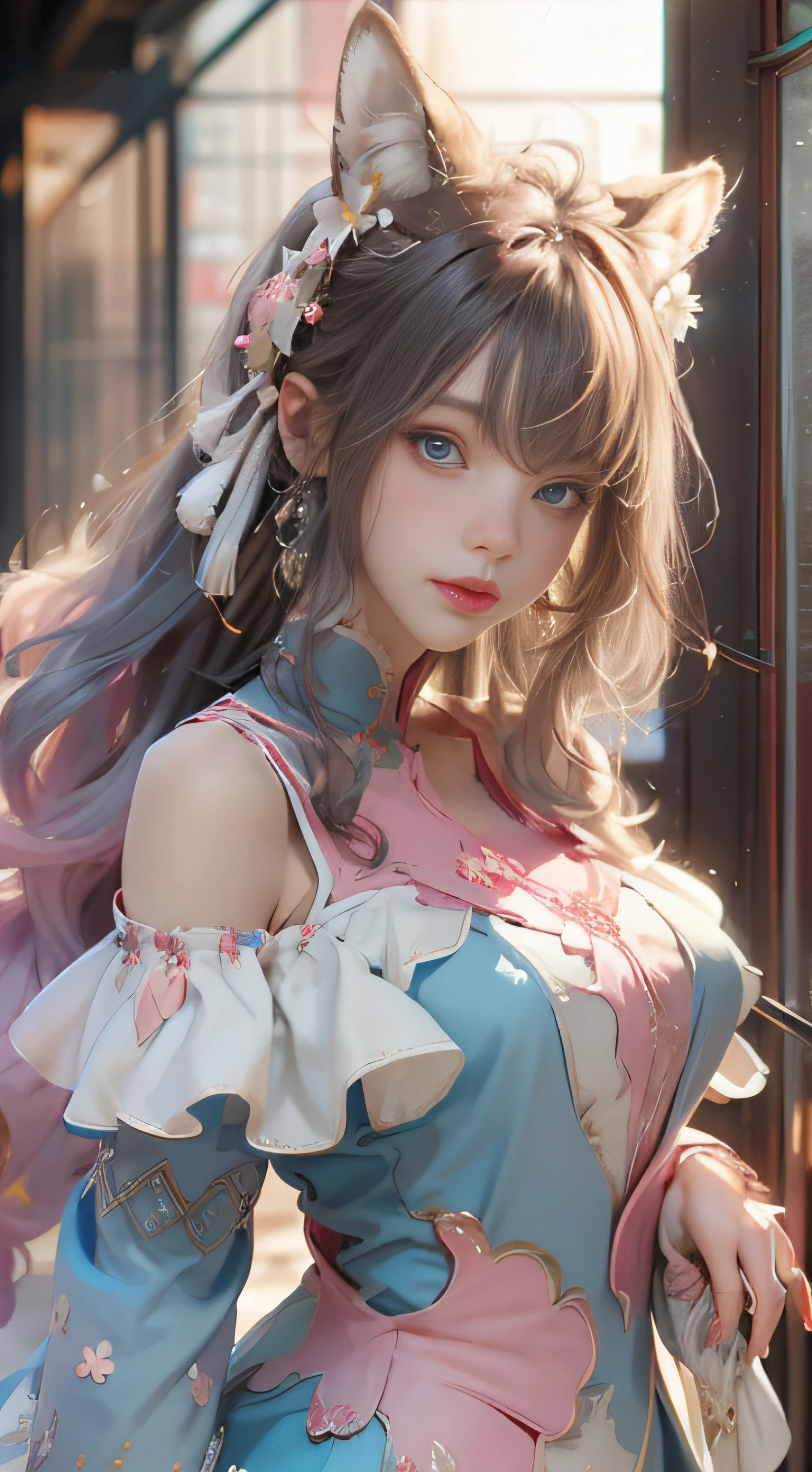 ((best qualtiy)), ((tmasterpiece)), (detail:1.4), Beautiful cyberpunk female images,hdr(HighDynamicRange),Ray traching,NVIDIA RTX,Hyper-Resolution,illusory 5,sub surface scattering,PBR textures,post-proces,Anisotropy Filtering,depth of fields,maximum definition and sharpness,Many-Layer Textures,Albedo e mapas Speculares,Surface coloring,Mitsu-Accurate simulation of material interactions,perfectly proportioned,rendering by octane,Two-colored light,largeaperture,Low ISO,White balance,Rule three points、8K raw data、Beautiful bright blue pupils,off-the-shoulder clothes,Fine pupils,Delicate face and eyes,long eyelasher,Blushlush,Delicate and fluffy hair,pink lip,Pure,Cute face,Sweet girl,Artistic sense,Casual wear,Advancedsense,butterflys,Cherry blossom petal,Beautiful hair accessories,Long hair and waist,Hair fluttering in the wind,Snow-white fox ears,curlies,Snow-white fluffy tail,Positive light,The light from the back window is backlighted