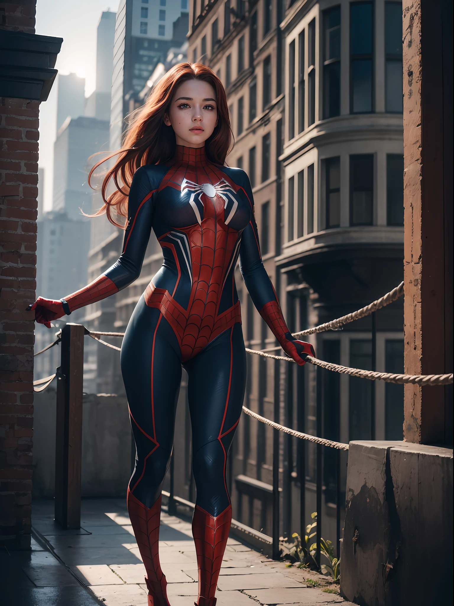 extremely detailed CG,UHD wallpaper, Extreme details,(realistic:1.2),(((best quality))), ((ultra-detailed)), (cute detailed face:1.2), {{highly detailed face}},beautiful and aesthetic,1girl,(masterpiece:1.4),glowing skin,dramatic shadows, intense shadows, SIGMA 35mm F1.4, ISO 200 Shutter Speed 2000,Photorealism,{photorealistic}, photogenic, Girl, finely detailed,HIGH RES, {{intricate detail}},(((beautiful detailed lighting))),beautiful detailed colorful eyes, best quality, 1girl, masterpiece, best quality, 8k, detailed skin texture, detailed cloth texture, beautiful detailed face, intricate details, ultra detailed, european youth, european beauty, Spider-Man uniform, straight red hair, freckles, (full body:1.5), on the top of a building, jumping and throwing net from her hand