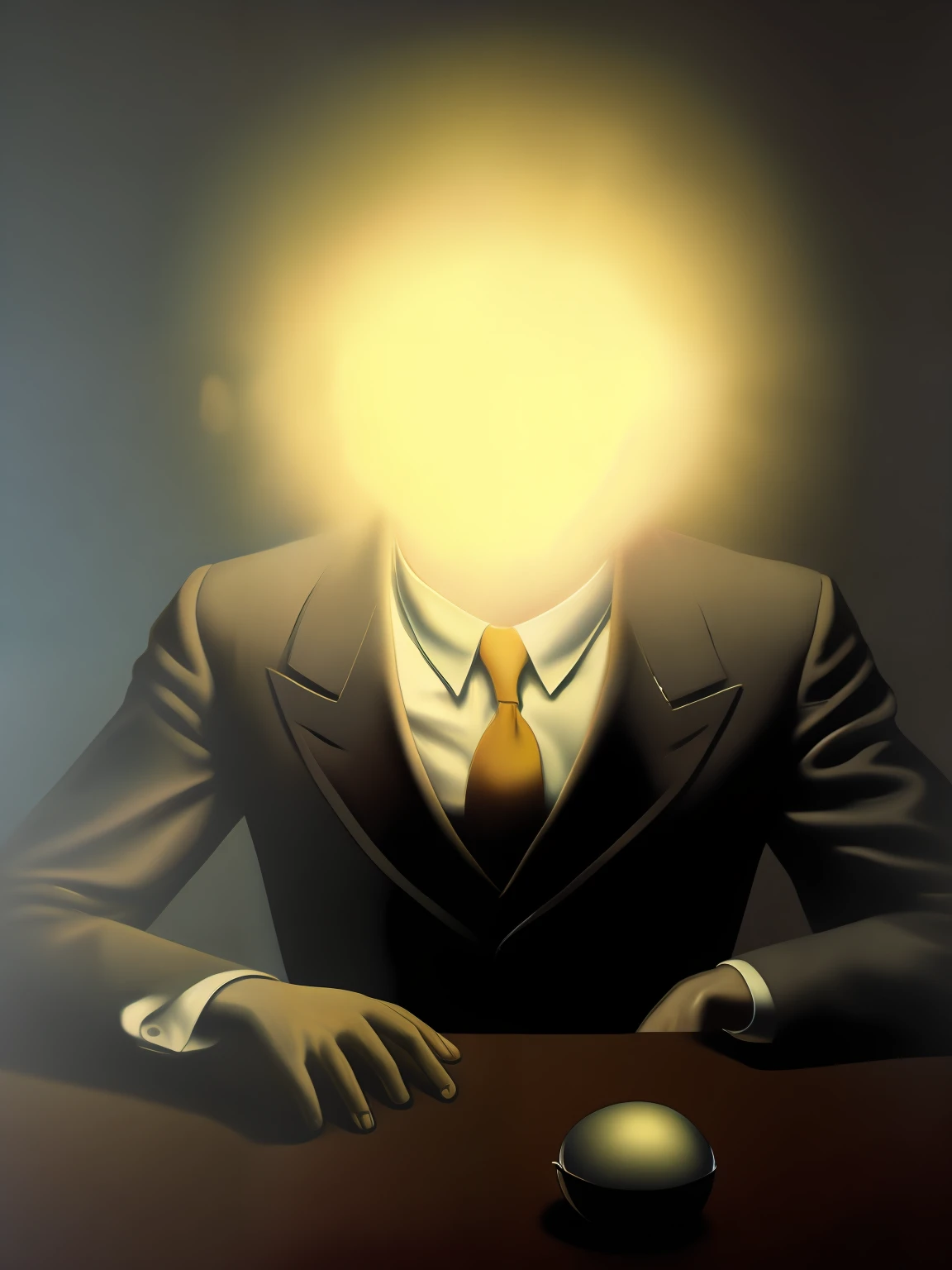 a painting of a man in a suit with a glowing head
