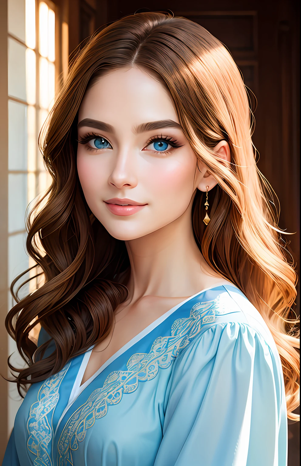 animesque、portraitures、One Person20Pretty Woman、Moisturized eyes、Casual clothing、a picture、oval jaw、beautiful countenance、The hair、Blue eyes with a beautiful glow、LDS Art