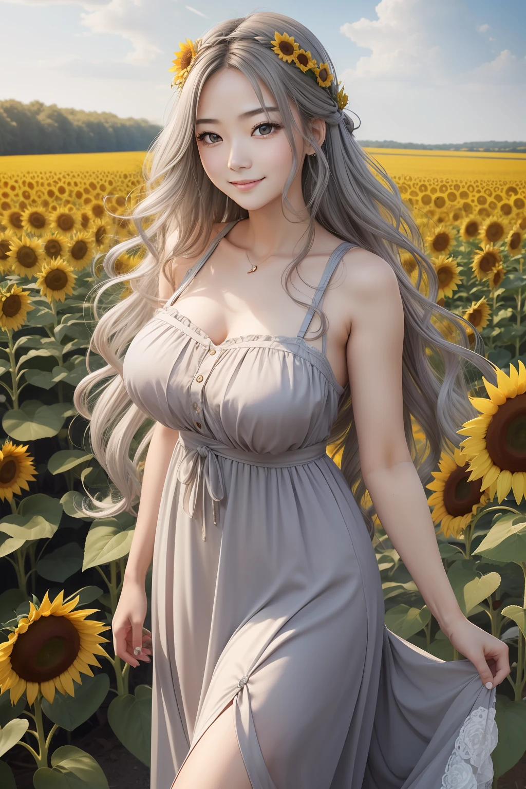 (masterpiece)8K分辨率、top-quality、Woman in dress strolling in sunflower field、long silver wavy hair、Ash gray eyes、Very cute、Nice Buddy、Colossal tits、kindly smile、Full body like
