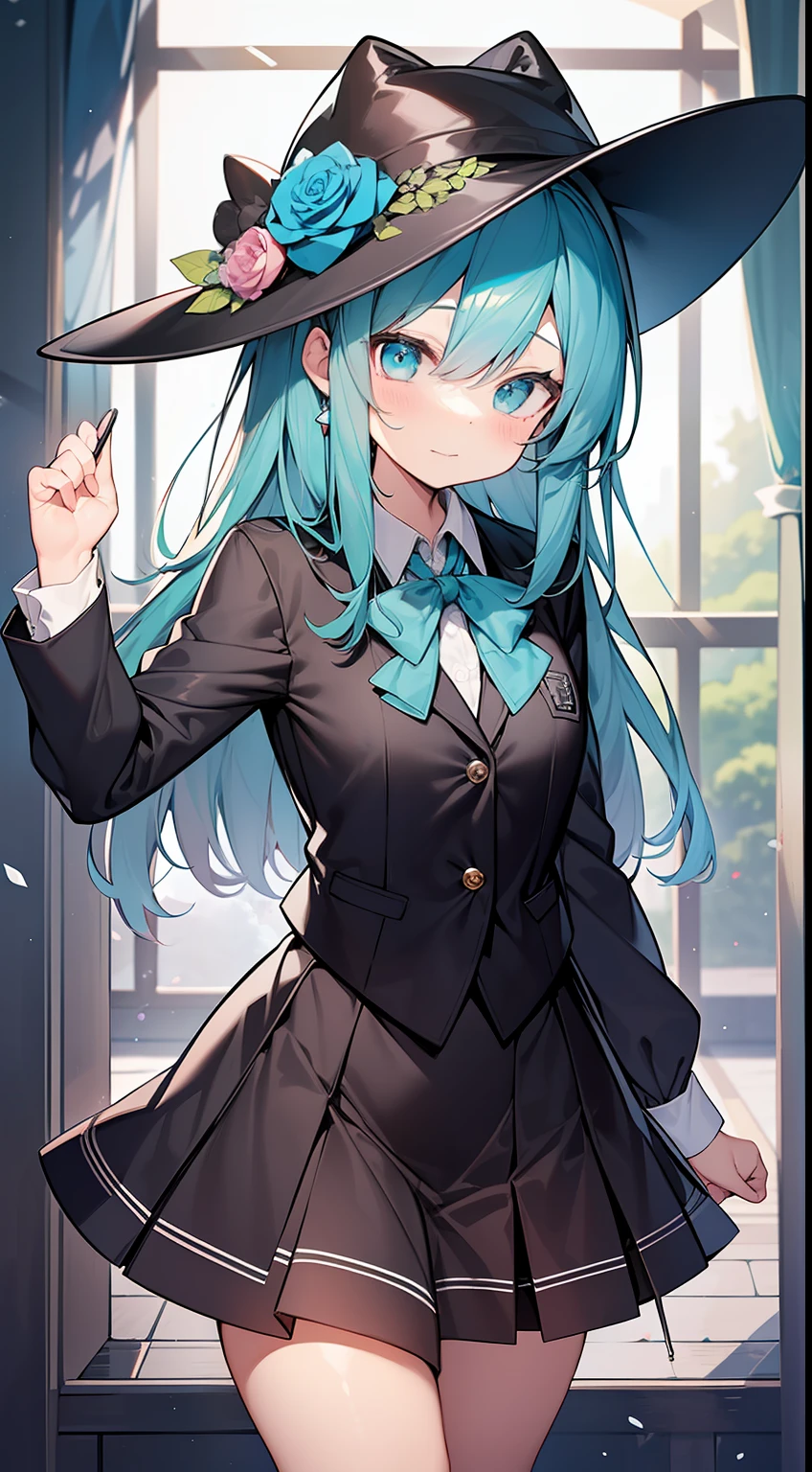 Black hat,Gothic,Long sleeves, Collared shirt, frilld,buttoning,aqua flower,Pedras preciosas,Skirt,aqua ribbon, thighs thighs thighs thighs,School uniform、One girl、cute little、masterpiece、Top image quality、top-quality、to stand、Angle from above