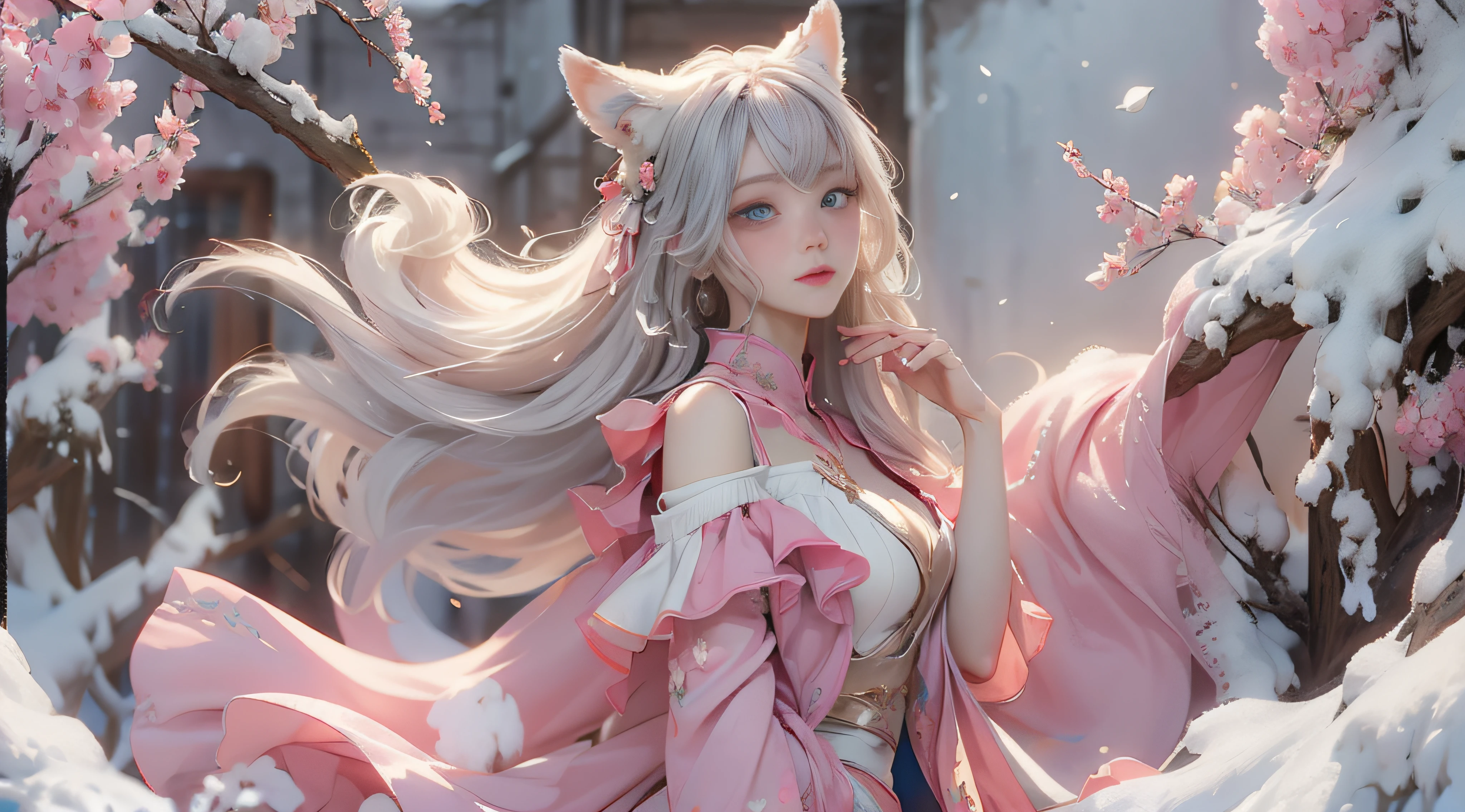 ((best qualtiy)), ((tmasterpiece)), (detail:1.4), Beautiful cyberpunk female images,hdr(HighDynamicRange),Ray traching,NVIDIA RTX,Hyper-Resolution,illusory 5,sub surface scattering,PBR textures,post-proces,Anisotropy Filtering,depth of fields,maximum definition and sharpness,Many-Layer Textures,Albedo e mapas Speculares,Surface coloring,Mitsu-Accurate simulation of material interactions,perfectly proportioned,rendering by octane,Two-colored light,largeaperture,Low ISO,White balance,Rule three points、8K raw data、Beautiful bright blue pupils,off-the-shoulder clothes,Fine pupils,Delicate face and eyes,long eyelasher,Blushlush,Delicate and fluffy hair,pink lip,Pure,Cute face,Sweet girl,Artistic sense,Casual wear,Advancedsense,butterflys,Cherry blossom petal,Beautiful hair accessories,Long hair and waist,Hair fluttering in the wind,Snow-white fox ears,curlies,Snow-white fluffy tail,Positive light,The light from the back window is backlighted