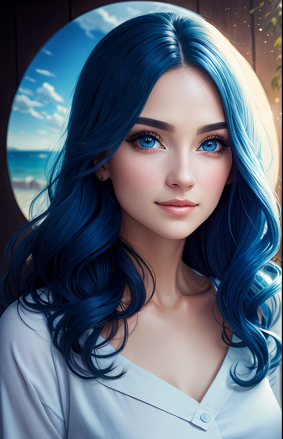 animesque、portraitures、One Person２０Pretty Woman、Moisturized eyes、Casual clothing、a picture、oval jaw、beautiful countenance、The hair、Blue eyes with a beautiful glow、LDS Art