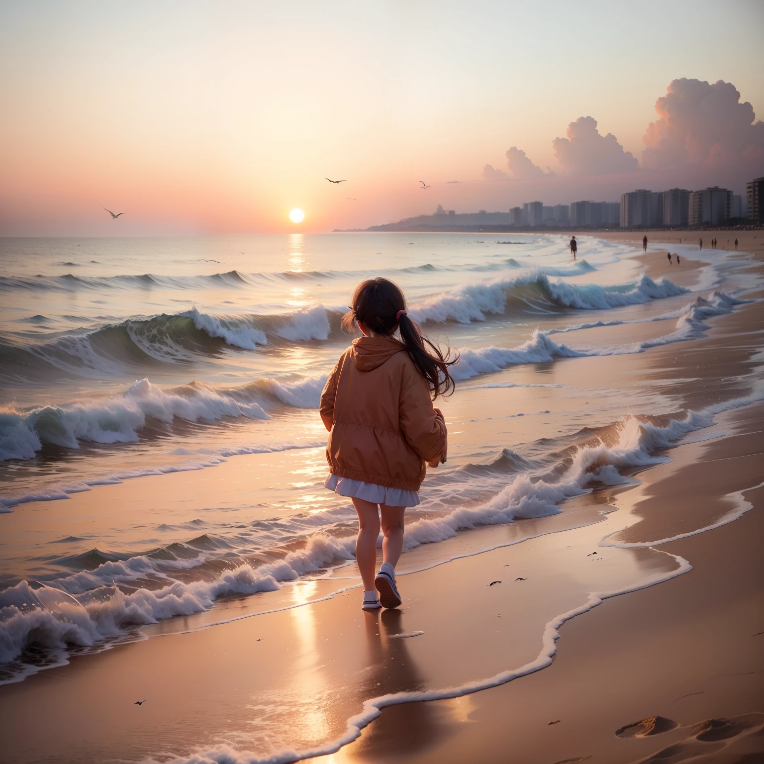 A little girl named An Huilin is walking on the beach，The golden sunset in the distance gives the waves a golden edge，Seagulls hovering overhead are also leisurely enjoying life。People frolicking in the distance