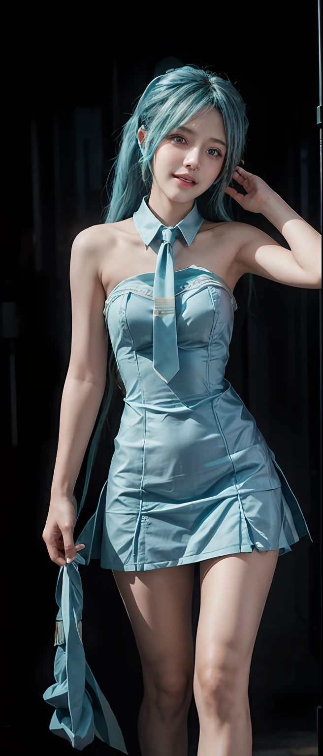 (front focus), keyword: 1girl in photoshoot, (((hatsune miku))), (in the dark:1.6), Hyperrealist portrait, fantasy art, photo realistic, dynamic lighting, poster, bokeh, volumetric lighting, very detailed faces, 8k, award winning, 1girl, 25 years old girl, deep shadow, low key, long twin tail hair with pony, bright tosca hair and eye color (((strong color))), big breast, round breast, nacklaces , full body, big smile (open mouth), wet skin, Highly detailed face and skin texture, Detailed eyes, Realistic eyes, Beautiful detailed eyes, (Realistic skin), (((futuristic hatsune miku dress 1:1))), sexy poses