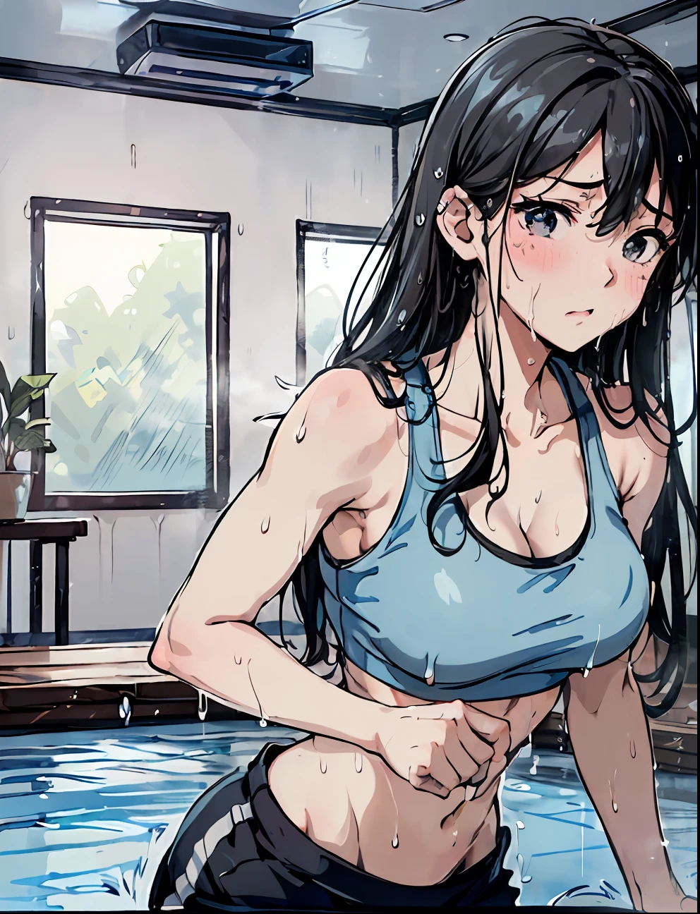 8K、top-quality、1人の女性((Light blue sports bra、Black shorts、Long Black Hair、18year old、cute little、exercise、Sweating、The body is dripping wet、,big bast)),Background with((Exercise gym、White Room)),Depth((The table、drinks))、(hight resolution),(hiquality)