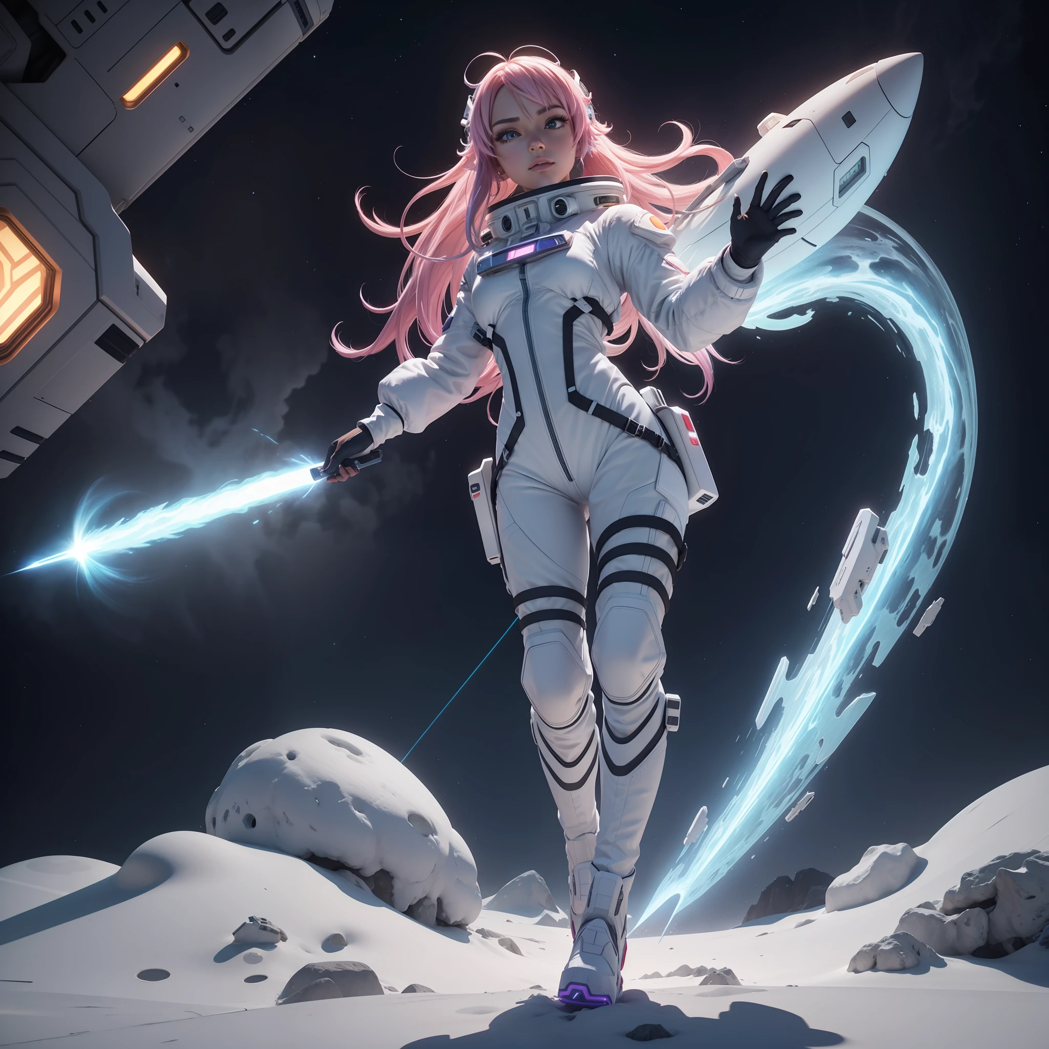 (masutepiece: 1.5), (Best Quality: 1.5), １femele, Spaceship captain, long neon colored hair, Healing aura, White spacesuit, white  boots, Fine details, 3d, in 8K, Full body image from head to tip of tail, Simple background, Correct posture, 3d, in 8K, A detailed face, Detailed hand,