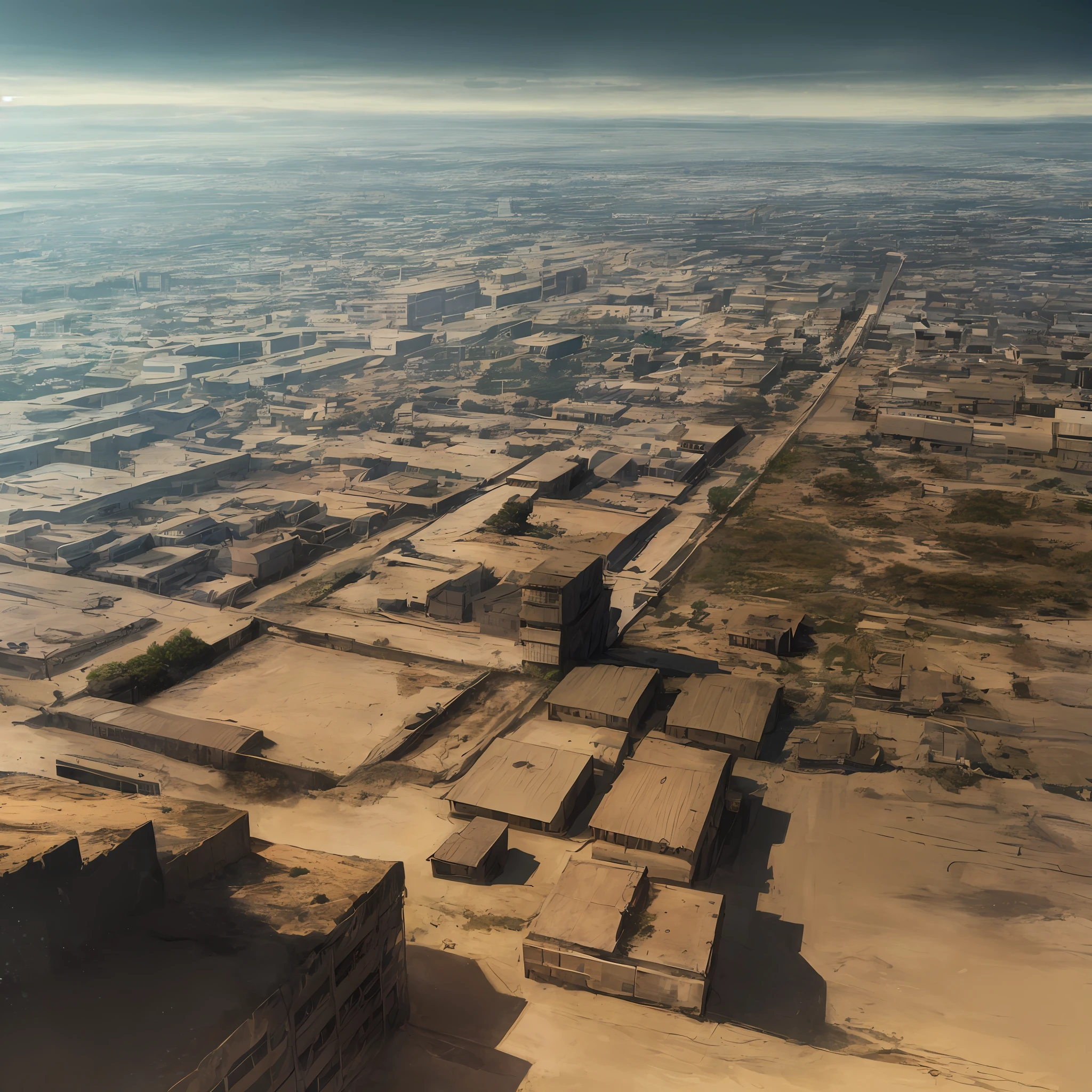Cidade deserta, with several abandoned houses, estilo Alladin, deserted plains, Cool and clear lighting, slightly dark sky, great resolution, estilo Anime/manga, leve neblina de areia, Prince of Percia style, arabic, deserto, plainm