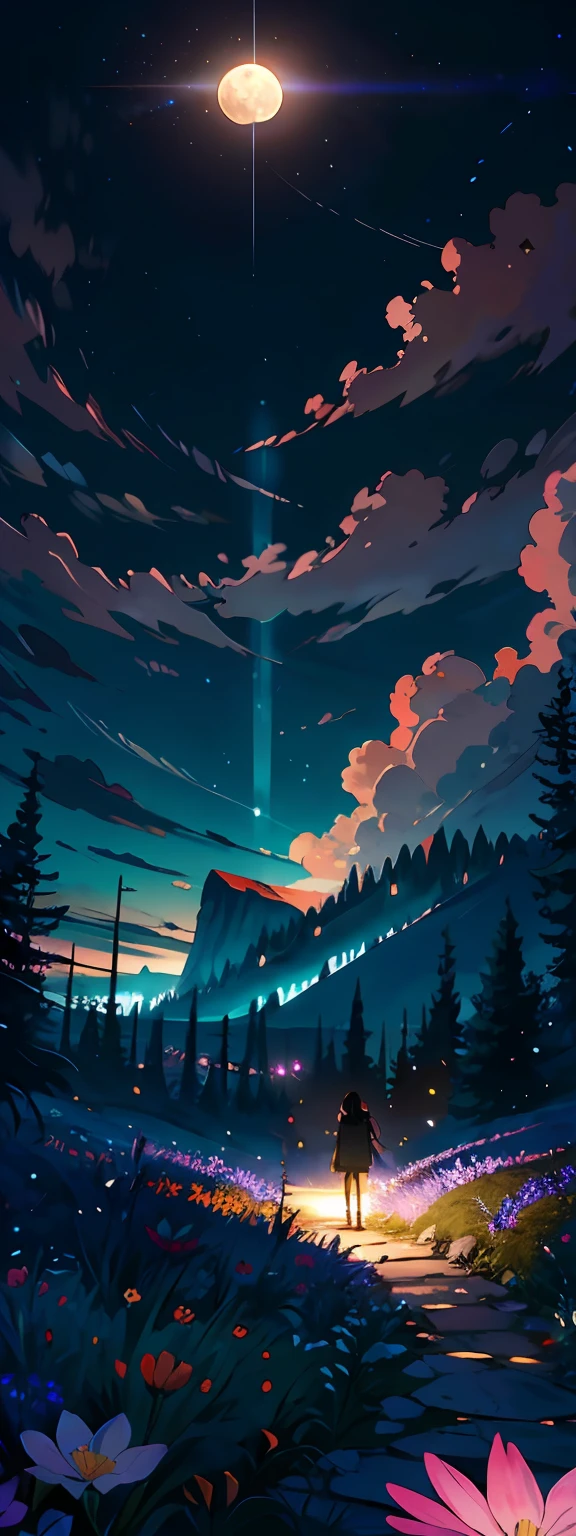 （View from below with a view of the sky and the wilderness below），The little girl stood in the flower field and looked up，（moon full：1.2），（meteors：0.9），（Starcloud：1.3），Far Mountain，，（Warm light source：1.2），（glowworm：1.2），lamp lights，Purple and orange，Complicated details，Volumetric lighting BREAK（tmasterpiece：1.2）， （HighestQuali），4K，ultra-delicate，（Dynamic configuration：1.4），Highly detailed and colorful details（Irridescent color：1.2），（Sparkling lighting，Atmospheric lighting），dream magical，magical，（独奏：1.2），Beautiful，