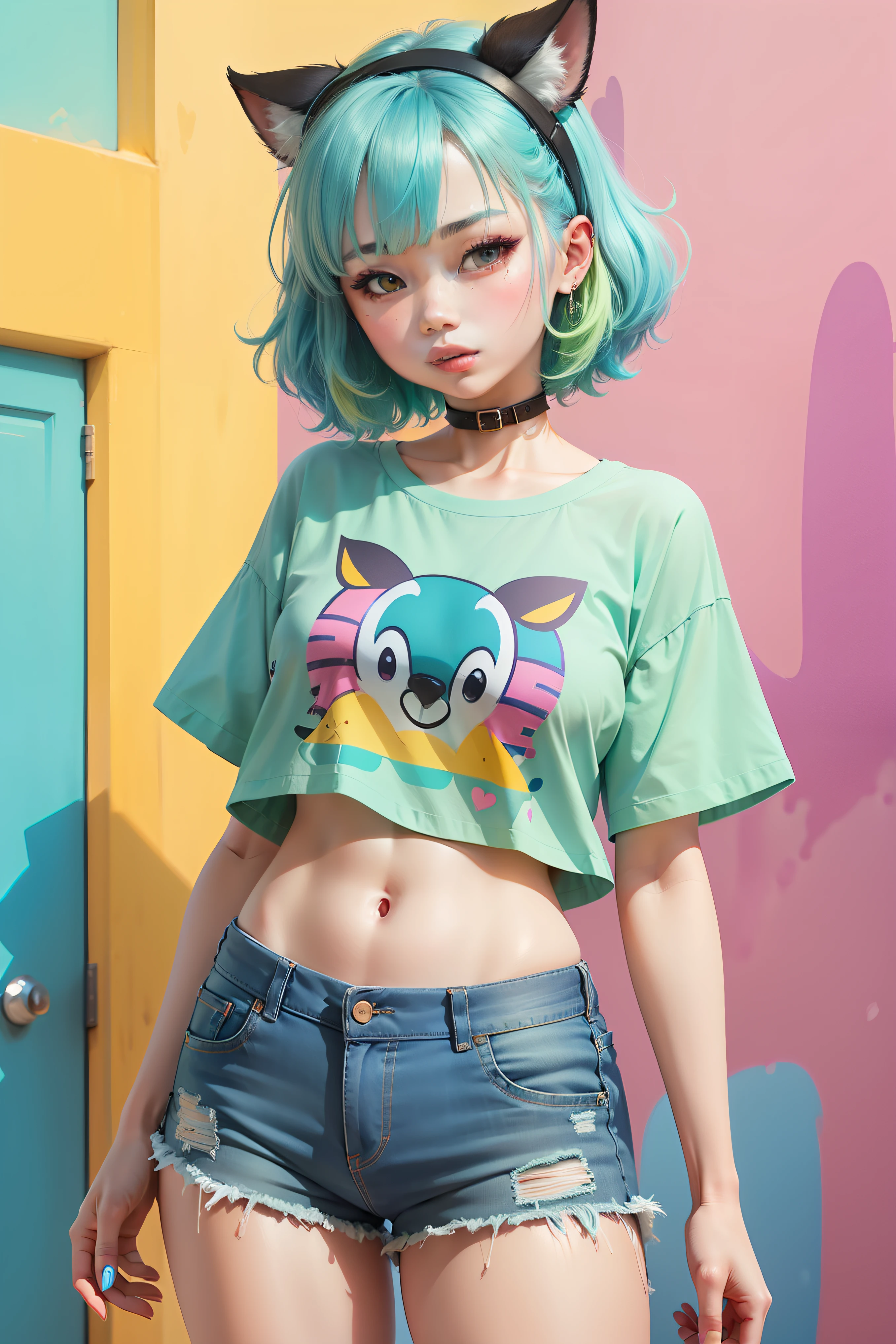 araffe girl with blue hair and a bright green shirt, colorful]”, rossdraws cartoon vibrant, rossdraws pastel vibrant, y 2 k cutecore clowncore, cute colorful adorable, colorful clothes, colorful aesthetic, colorful clothing, ( colorful ), colorful, with ripped crop t - shirt, colorful fashion, colorful pastel, ( ( ( colorful ) ) )