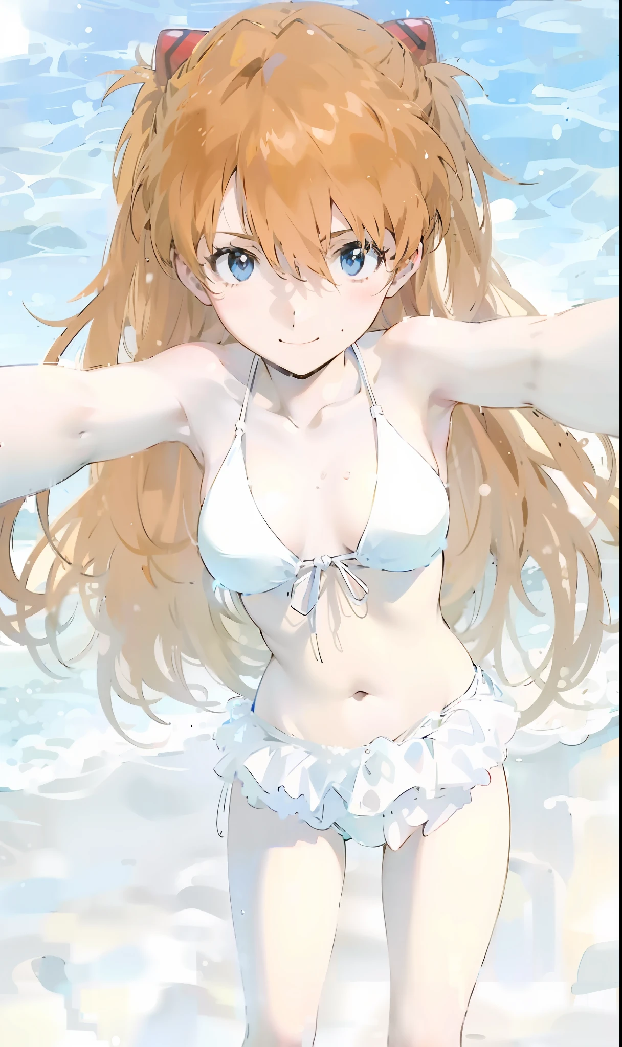 asuka，Long dark yellow hair，There is nothing on the neck，A white bikini，ssmile，sea beach。facing at camera，Hold the camera with both hands，