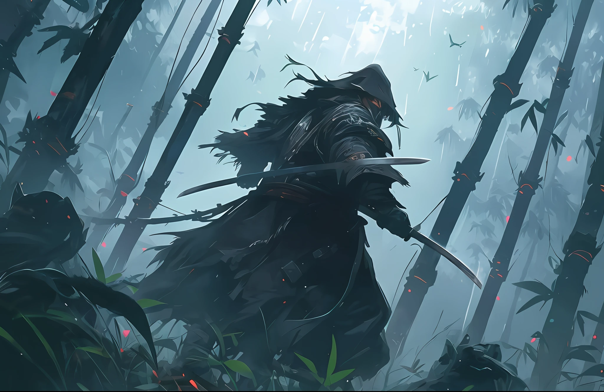 In the forest there was a man dressed in black holding a sword, ghost of tsushima, hold sword in the forest, inspired by Kanō Hōgai, ronin, by Yang J, Noah Bradley. Sharp focus, makoto sinkai, traditional japanese concept art, guillem h. pongiluppi, inspired by Kanō Sanraku