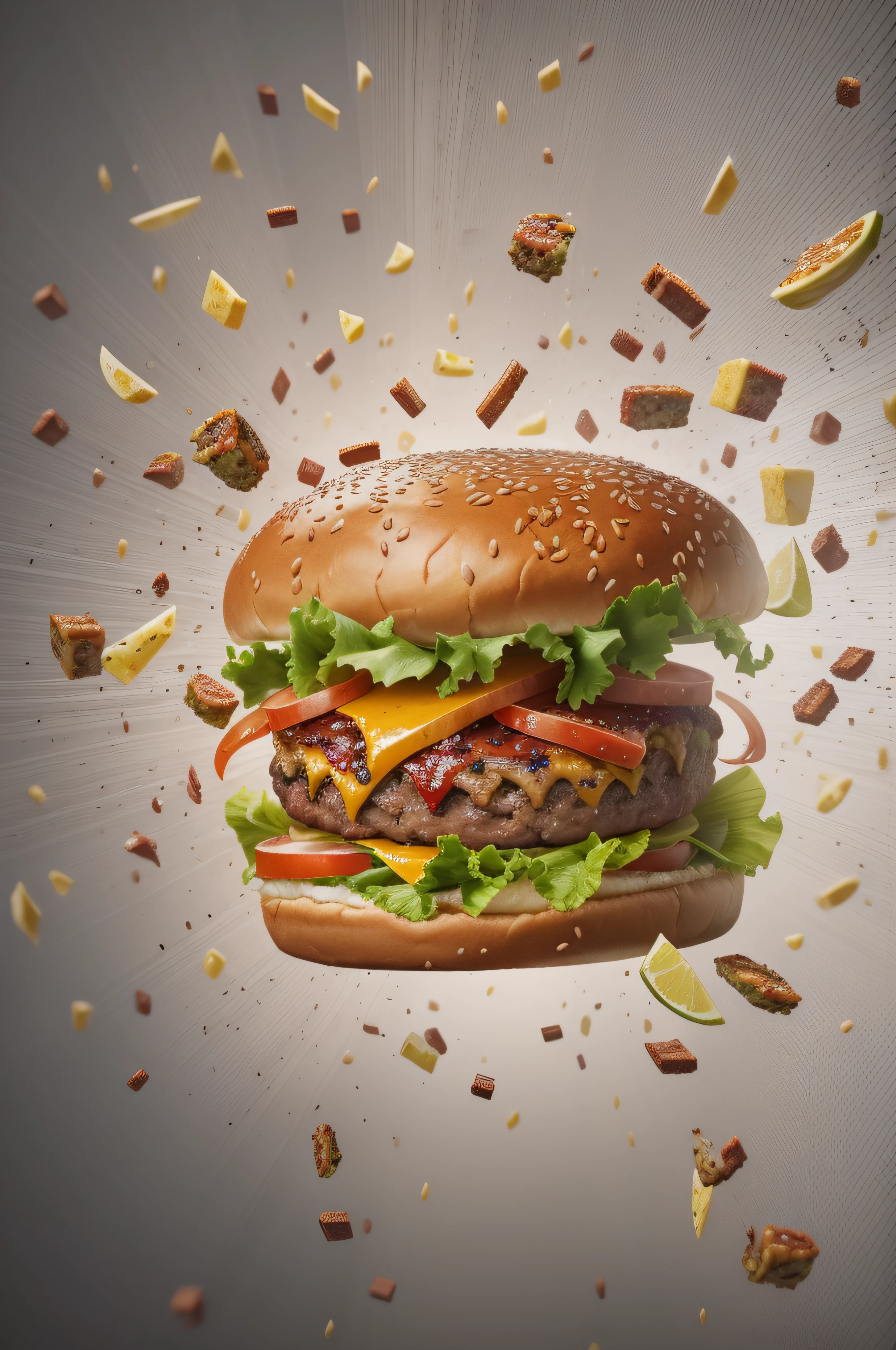 A burger falling in pieces juicy, tasty, hot, promotional photo, intricate details, hdr, cinematic, adobe lightroom, highly detailed