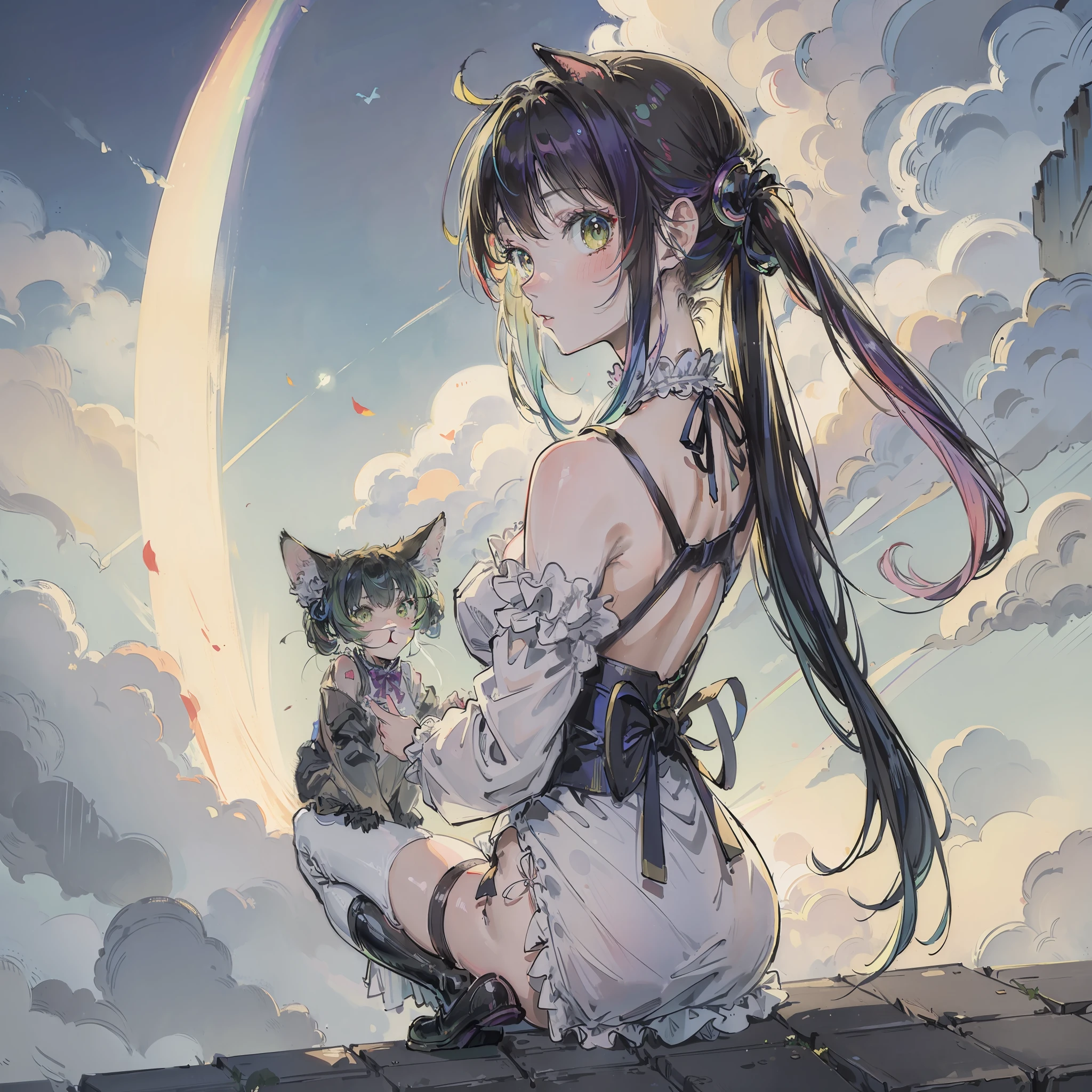 (top-quality、​masterpiece)、A stunning、Take a cute cat、(rainbow-colored hair)、(Twin-tailed)、fullmoon、backstreet