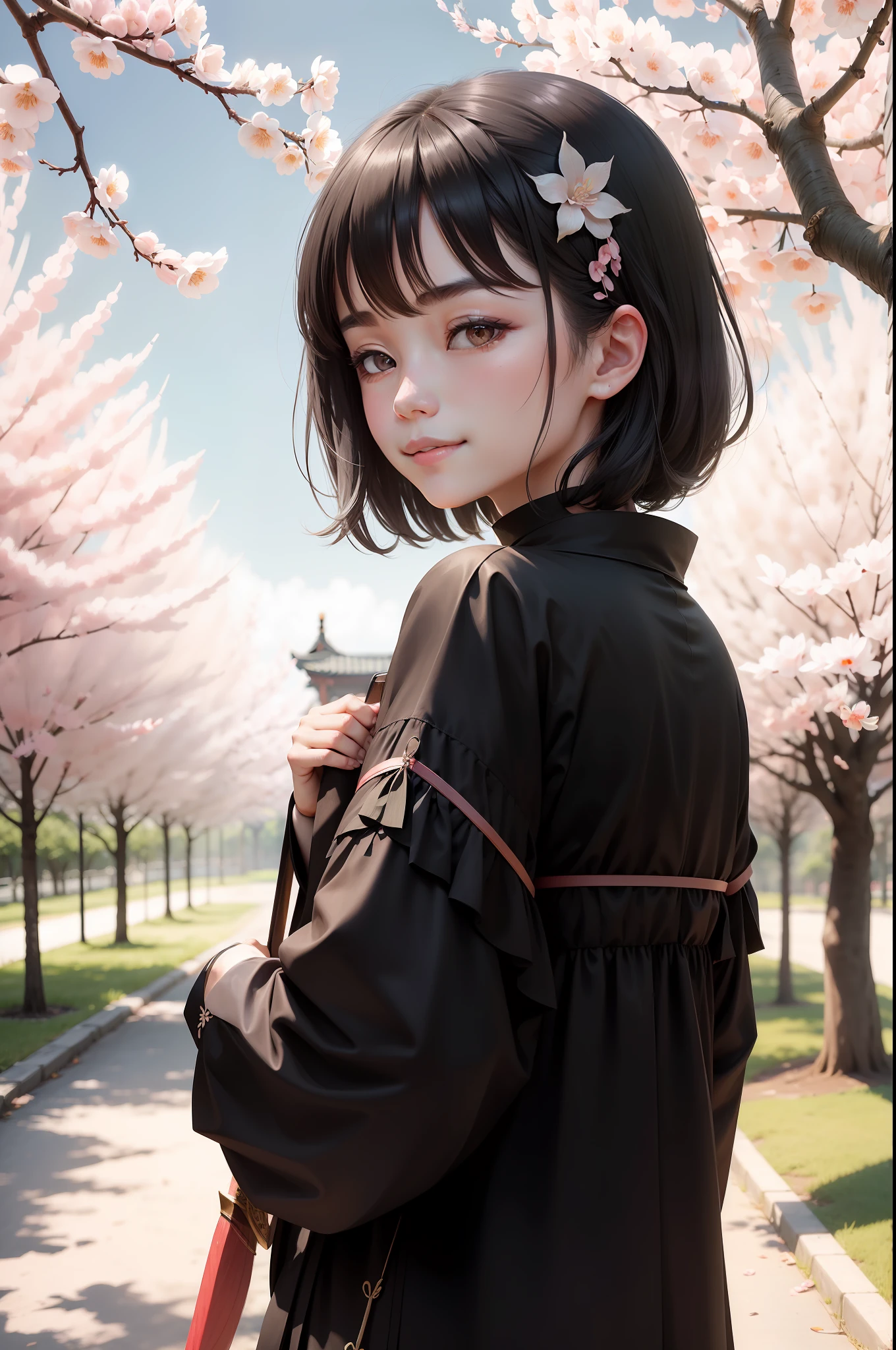 The white-haired girl was dressed in black，Stand under a peach blossom tree, He smiled back。She carries a feather sword on her back。The peach blossom tree is packed。