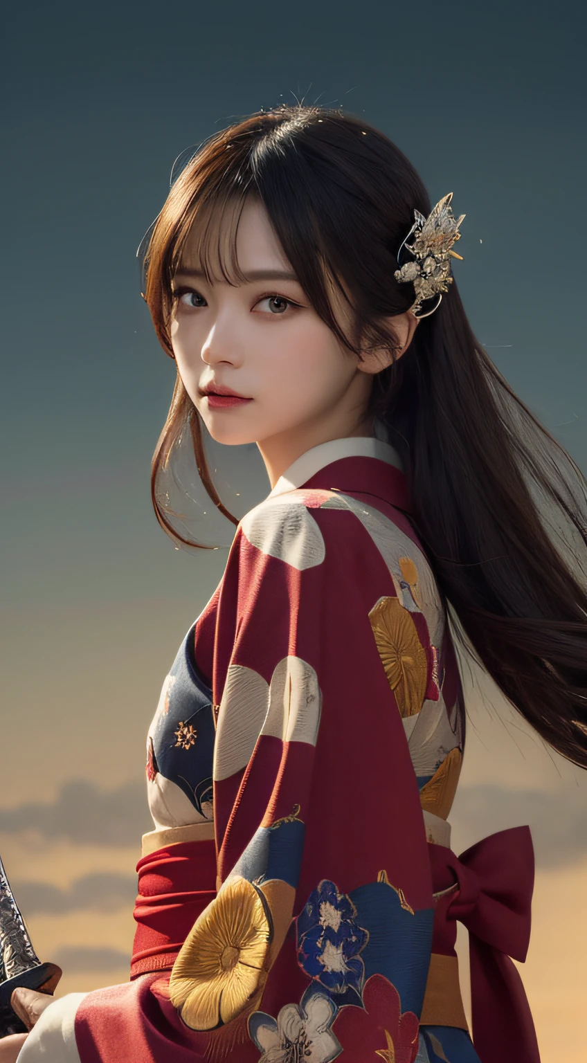 masterpiece, best quality, illustration, ultra-detailed, finely detail, highres, 8k wallpaper, perfect dynamic composition, beautiful detailed eyes, kimono, sword