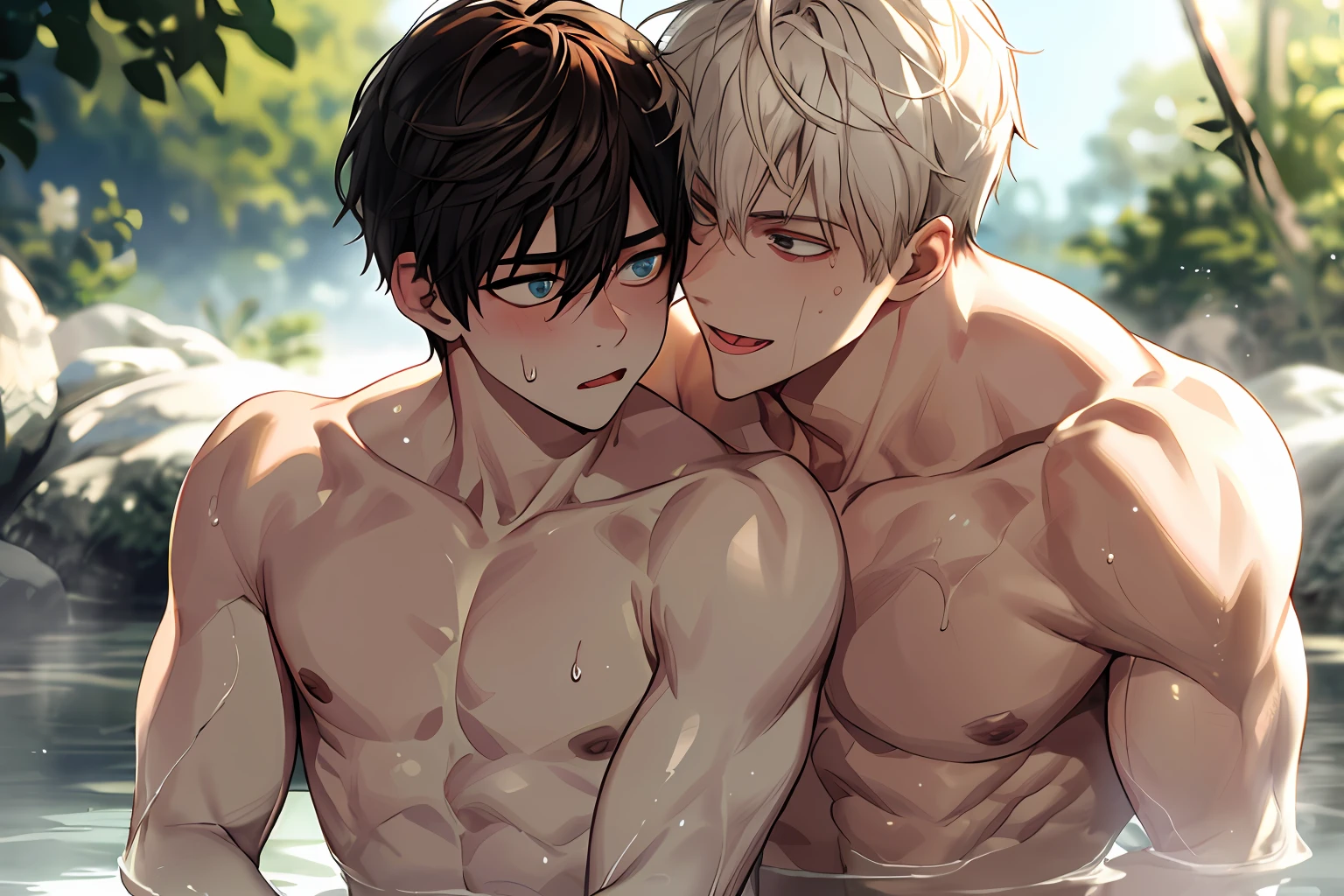 2boy, ?????, completly , Muscular, Handsome, Outdoor, Soaking in hot springs,Hold each other,tongue kissing,Sweat, drools,Flushed face,view the viewer, Depth of field, Bokeh, Detailed background, Detailed lighting, diffused natural sunlight, diffused natural skin glow, symetrical eyes