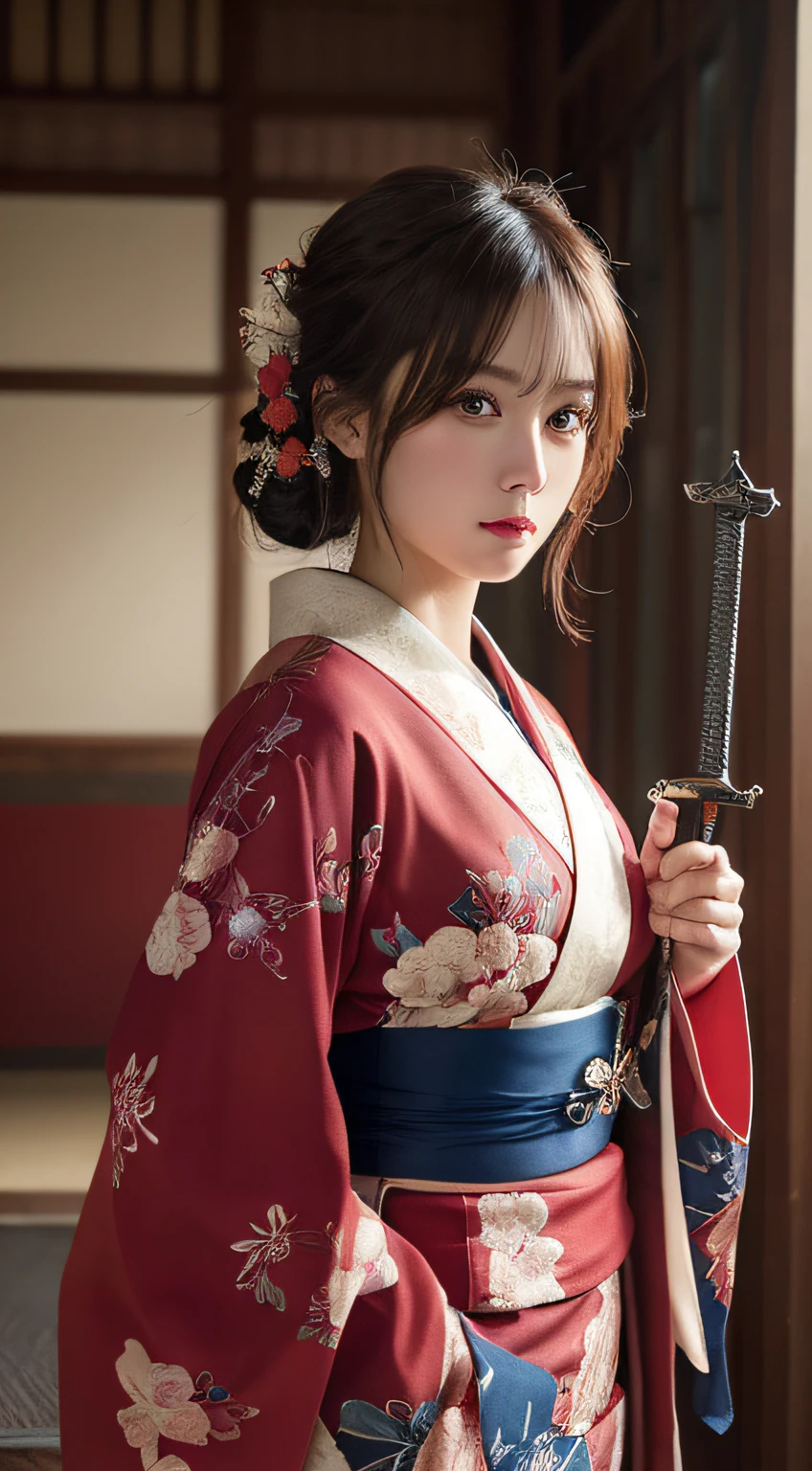 masterpiece, best quality, illustration, ultra-detailed, finely detail, highres, 8k wallpaper, perfect dynamic composition, beautiful detailed eyes, kimono, sword