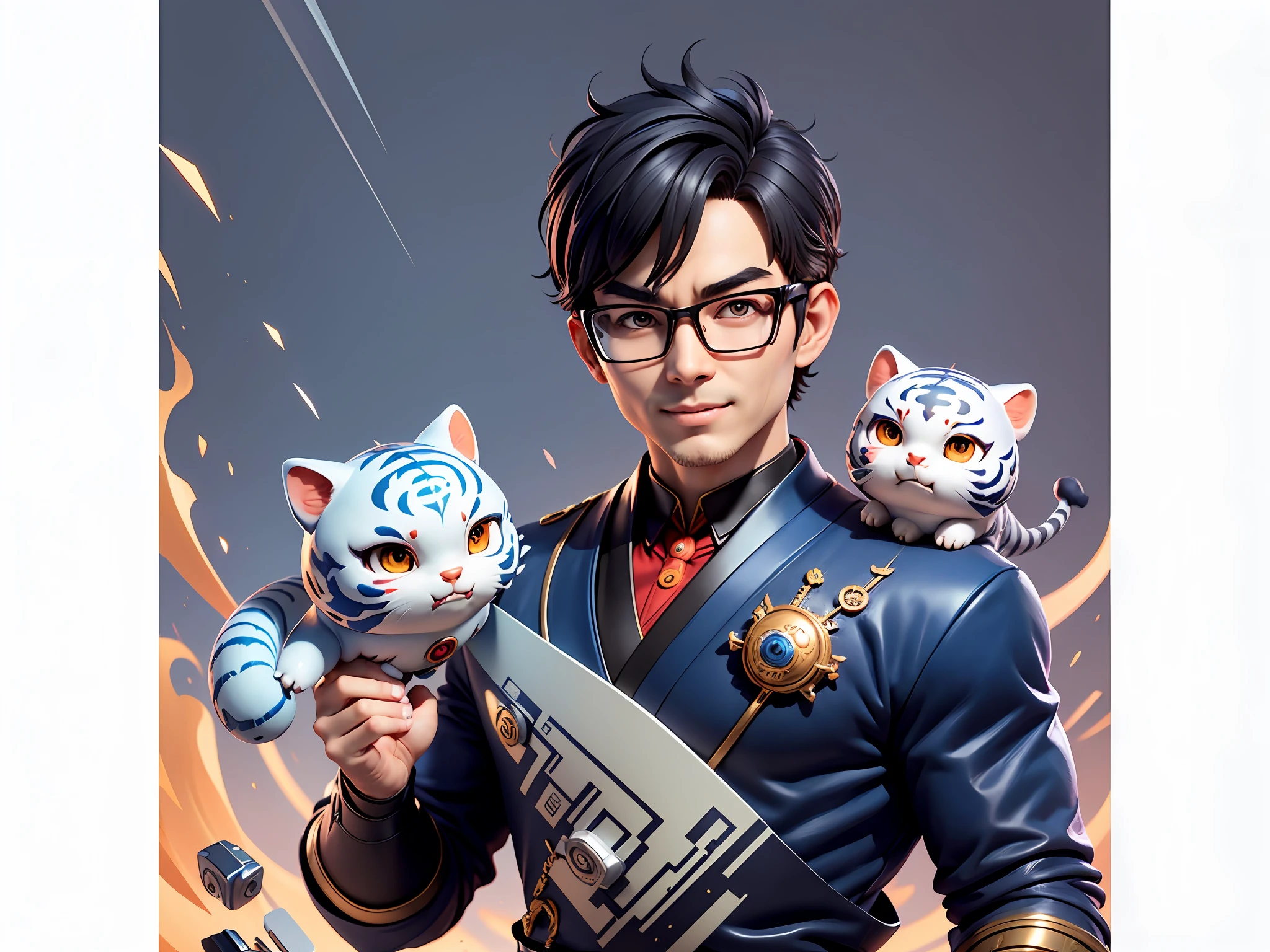 (Masterpiece), (Excellent), (Super Meticulous), (Full Body: 1.2), Super Young Man with Japanese Female Geisha, Pretty, Beautiful, Chinese Dragon, Tiger, Wind God Thor, Sexy, Bursting, Oriental Face, TV Anchor, Bust Portrait Illustration, Black Suit, Blue Tie, Slightly Chubby Face, Silver Glasses, Very Clean Face, No Beard on Chin, Black Super Short Hair, Black Eyes, Confident Smile, 3c Computer Sub-Products, iPad, iPhone, Digital Painting, 3D character design by Mark Clairedon and Pixar and Hayao Miyazaki and Akira Toriyama, the illustrations are HD illustrations in 4K resolution with highly detailed facial features and cartoon-style visuals.