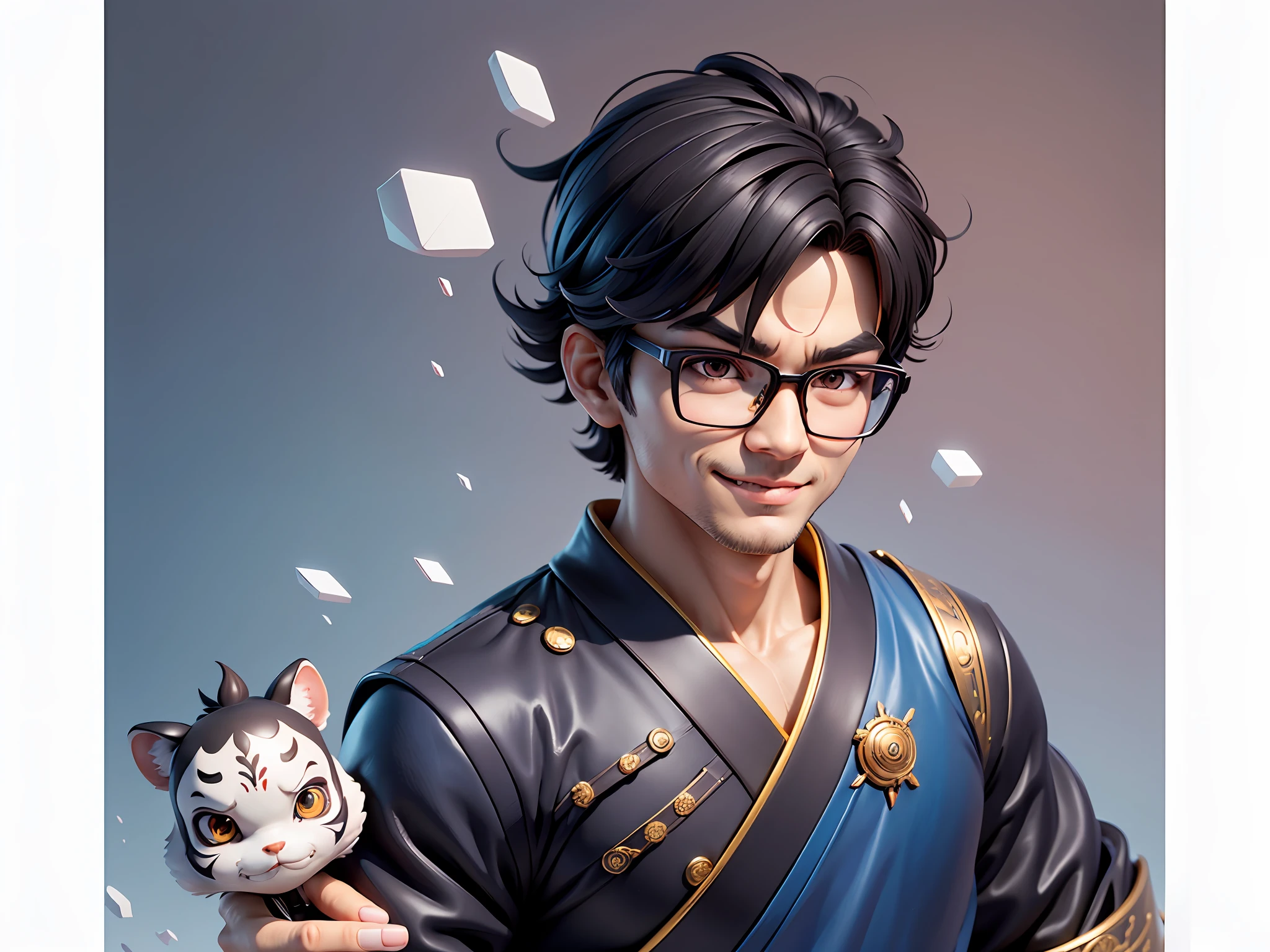(Masterpiece), (Excellent), (Super Meticulous), (Full Body: 1.2), Super Young Man with Japanese Female Geisha, Pretty, Beautiful, Chinese Dragon, Tiger, Wind God Thor, Sexy, Bursting, Oriental Face, TV Anchor, Bust Portrait Illustration, Black Suit, Blue Tie, Slightly Chubby Face, Silver Glasses, Very Clean Face, No Beard on Chin, Black Super Short Hair, Black Eyes, Confident Smile, 3c Computer Sub-Products, iPad, iPhone, Digital Painting, 3D character design by Mark Clairedon and Pixar and Hayao Miyazaki and Akira Toriyama, the illustrations are HD illustrations in 4K resolution with highly detailed facial features and cartoon-style visuals.