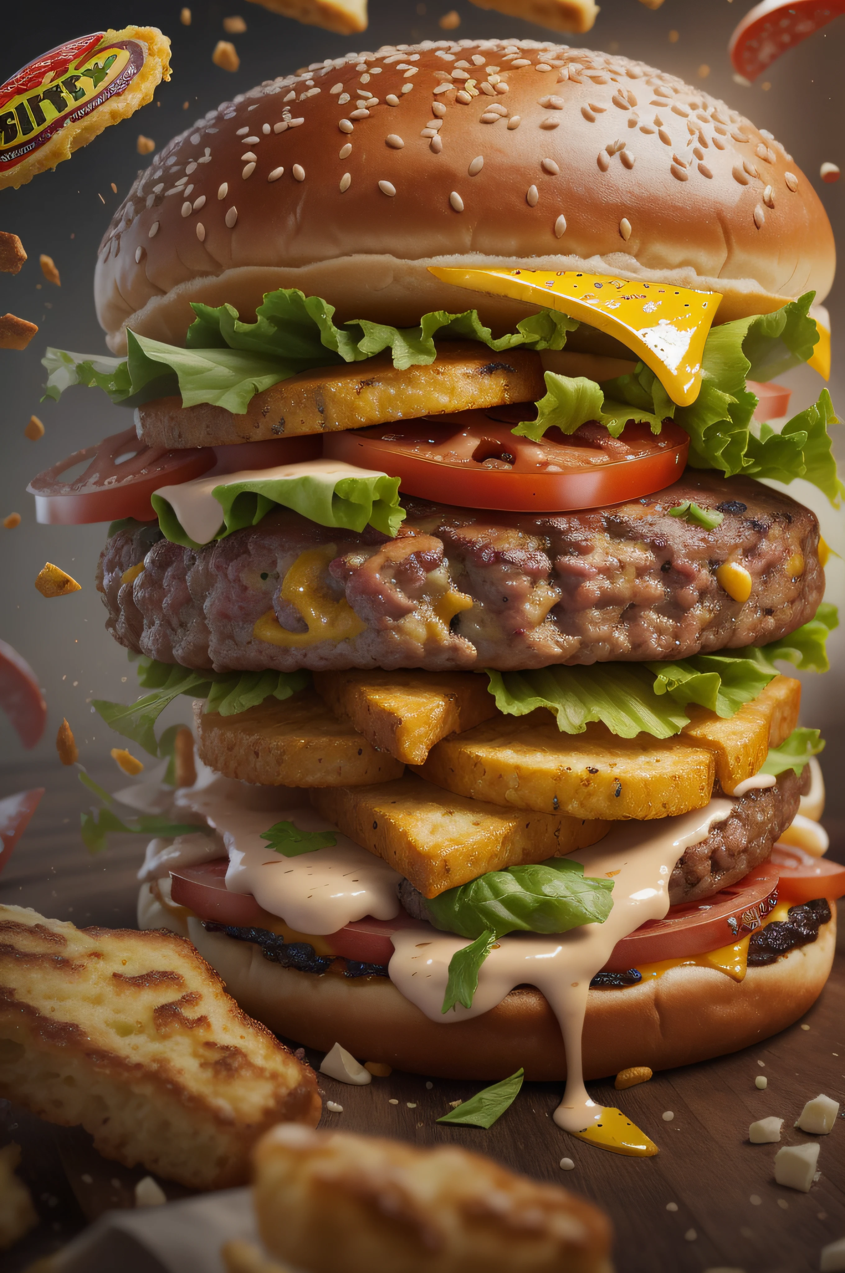 A burger falling in pieces juicy, tasty, hot, promotional photo, intricate details, hdr, cinematic, adobe lightroom, highly detailed