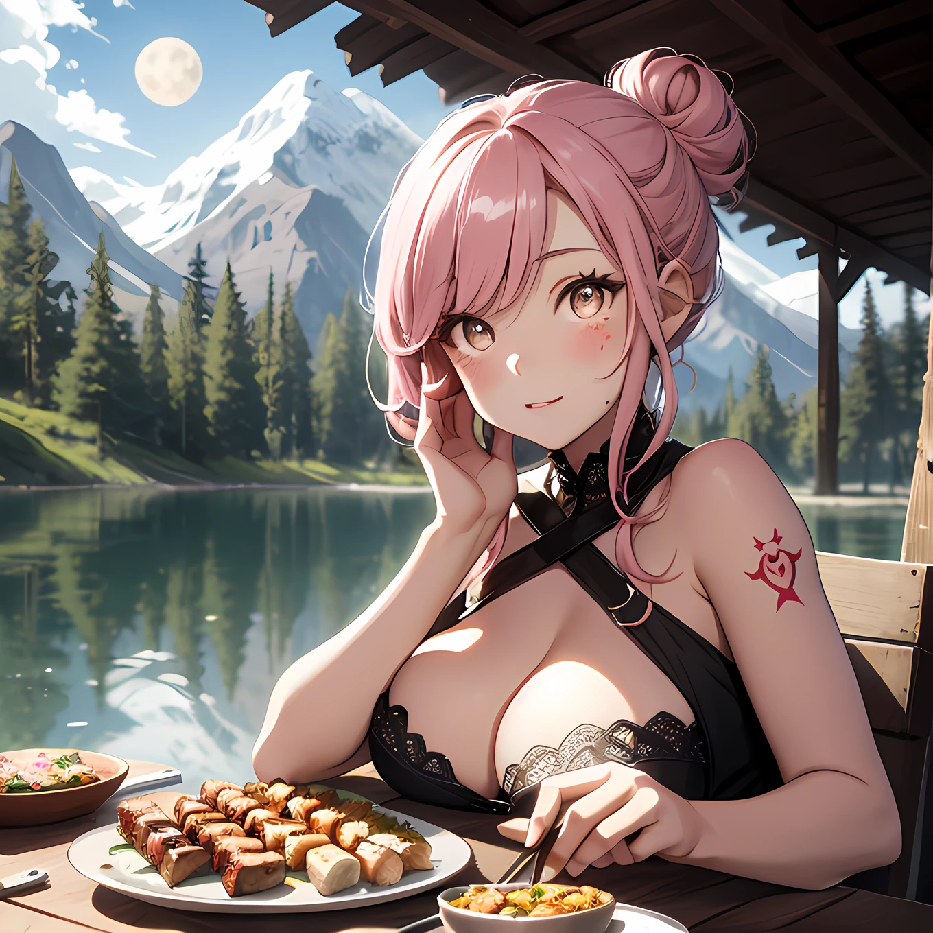 Campfires,Wood fire,Camping chairs,Camping tents,Iron cup,Grill steak,BBQ stand,All kinds of food,Kebabs,MarketaB,trekking poles,snow mountains,Snow goggles,heavy boots,Shenmu,salama,Harry Potter,Magic Hat,Cotton shorts(Shirtless:0.9)、(Naked:0.5)、(huge tit)、Skin type、Fine hairs、Radiant skin、Drunken、luminous(Shirtless:0.8)(Bandeau:0.1)、(Lift one foot:0.1)、 huge tit、Blush、(Small tattoos)、Slightly drunk、(Background with:Jungle lion monkey elephant:0.4)、(goddes:0.8)、(s girl:0.7)、Water-colored eyes、Long eyelashes、(Cute marks on the face: 1.2),(dog teeth:0.8),,(ssmile:0.5)(Blush:0.7),(Hair:0.4),(short:0.8),(Black and brown hair:0.5)(White and pink hair: 0.6)、(Striped hair:0.5)、(High ponytail:0.3)、(ca:0.7)、Shiny hair、(High morbidity:0.6)、(double bun hair:0.2)、Moon hairpins、Collar、Lace、frilld、( Head tilt:0.7)、(Side:0.5)、(Look up:0.2)、(Look at the camera:1.0)(Chest pat:0.5)(Flip skirt:1.5)、((Delicate facial features、Positive face、detail),Bright pink lips,ssmile,Open your mouth,Blush,Slightly drunk:0.5)),Absurd,Extreme,tmasterpiece,whole body fairy,Seductive special portrait of Tifa Loha,The clothes are smooth white and transparent,Lace panties。 (Pajamas with multiple patterns:0.5),,The reflection of a part of stagnant water on the ground,Old brick floor,Old clock,wooden building,Leading the puppy