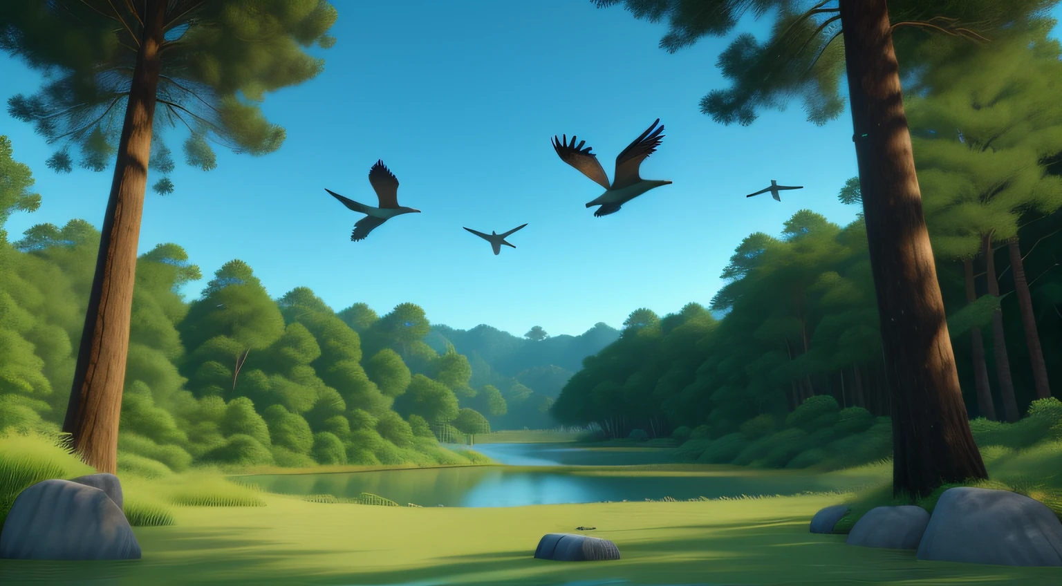 (1.4: obra-prima, detalhado), Image of several birds flying in the middle of the forest (melhor qualidade), 3D.