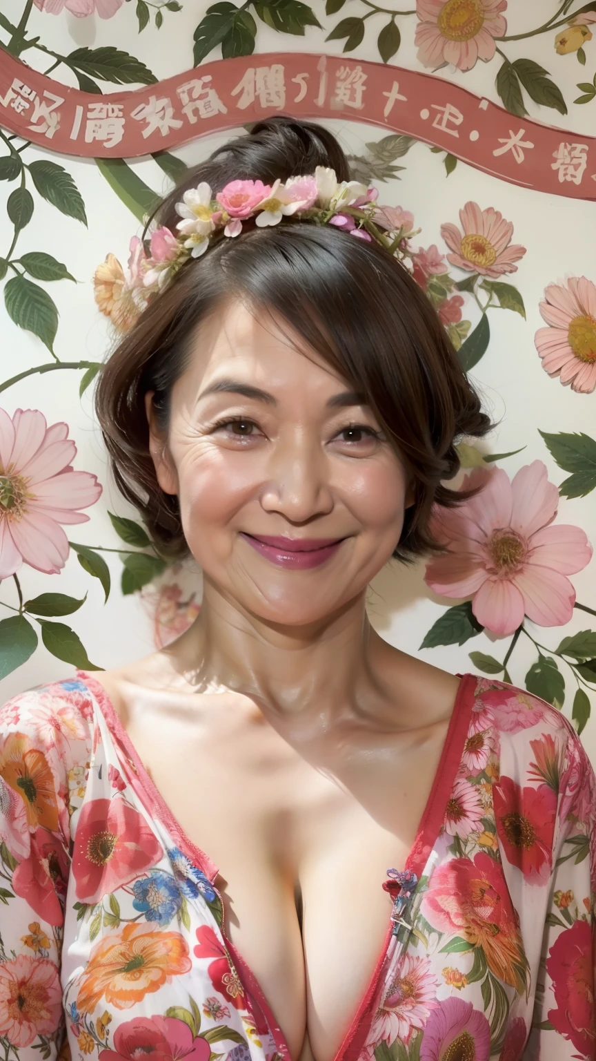 masterpiece, top-quality, full bodyesbian, Solo, bangss, aunty, Saggy udder, nipples stick out, eyebrows visible through hair, gradation hair, Grinning,Staring at the viewer, Strong gaze, a smile, 独奏, flower petals,diagrams, (magazine:1.3), Fashionable, femele, with a vibrant, outfits, the pose, the front, Colorful, Dynamic, Background with, element, self-assured, expresive, ngel, statement, accessorized, It's bold, captures the attention, titles, stylish, It's catchy, The large, Impressive, moderno, Trendy, focus, lo fashion, ((top-quality、8K分辨率、Master masterpiece、Portrait:1.3)), No shadows on the face, Photorealsitic, 35㎜ film, 1 Japan Woman, Beautie, Wavy Hair, Wrinkles at the corners of the eyes, Plump body, ((slip、panties on :1.5)) , top-quality, masterpiece, hight resolution, Original, highly detailed wallpaper, Viewer's Perspective, Solo, portlate, (Perfect litthing), 46 years old, Mature Woman Body Set, Exposing breasts, showing teeth, Staring at this, Floral background, undergarment, (Mature), Wrinkles at the corners of the eyes, Ultra-realistic, Natural Skin, Natural hair color, {{A MILF}},