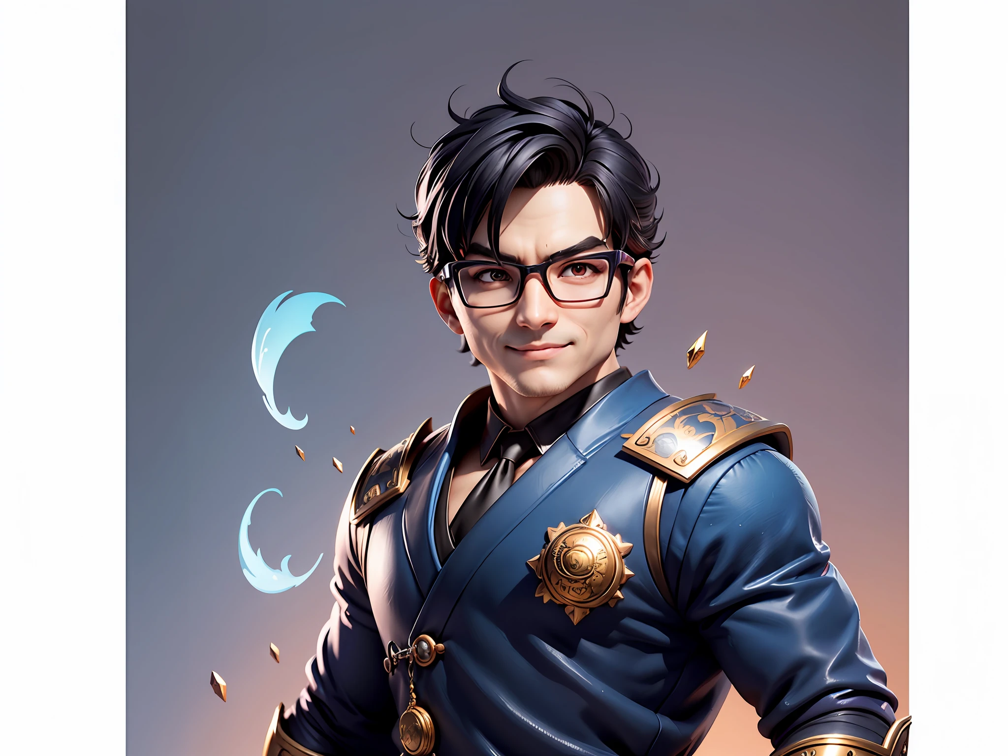 (Masterpiece), (Excellent), (Super Meticulous), (Full Body: 1.2), Super Young Man with Japanese Female Geisha, Pretty, Beautiful, Chinese Dragon, Tiger, Wind God Thor, Sexy, Bursting, Oriental Face, TV Anchor, Bust Portrait Illustration, Black Suit, Blue Tie, Slightly Chubby Face, Silver Glasses, Very Clean Face, No Beard on Chin, Black Super Short Hair, Black Eyes, Confident Smile, 3c Computer Sub-Products, iPad, iPhone, Digital Painting, 3D character design by Mark Clairedon and Pixar and Hayao Miyazaki and Akira Toriyama, the illustrations are HD illustrations in 4K resolution with highly detailed facial features and cartoon-style visuals.