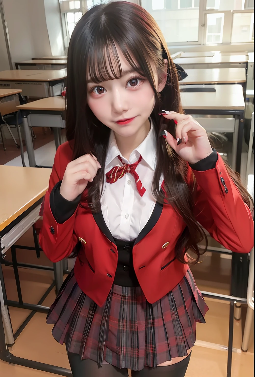1girl, school girl, school uniform,Red school coat , long black hair,((red eyes)), classroom, large breast, little smile, ultra realistic, ultra detail, masterpiece,70mm lens