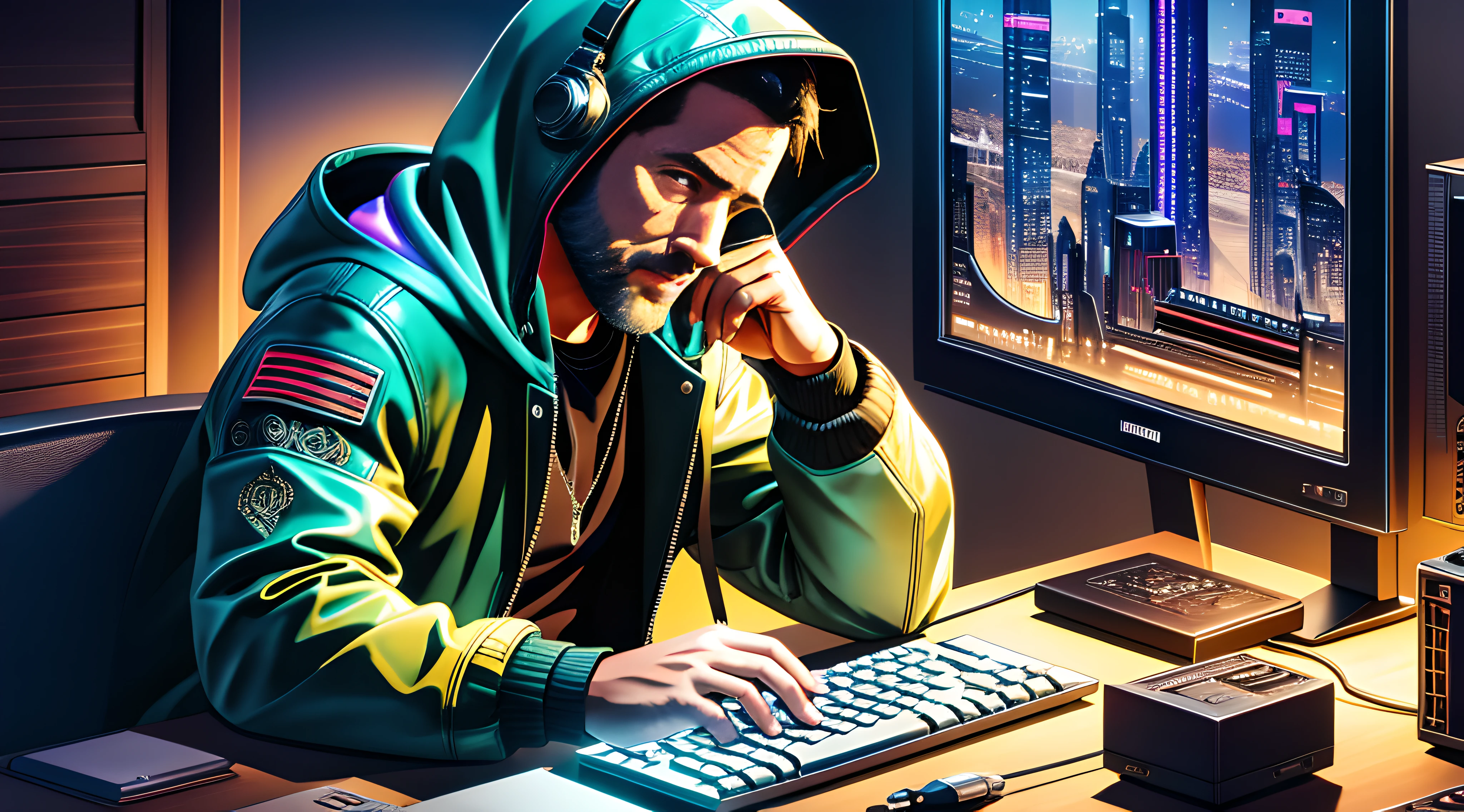 masterpiece, best illustration, solo, 1man, 40-year-old man, seated, little hair, keyboard \(computer\), leather trim, computer, monitor, hood, jacket, hood down, chair, city, instrument, cyberpunk, \(\(intricate details\)\),colorful details, iridescent colors BREAK,\(\(best quality masterpiece\)\),4k, ultra detailed, detailed lighting, official art, promotional art, composition,