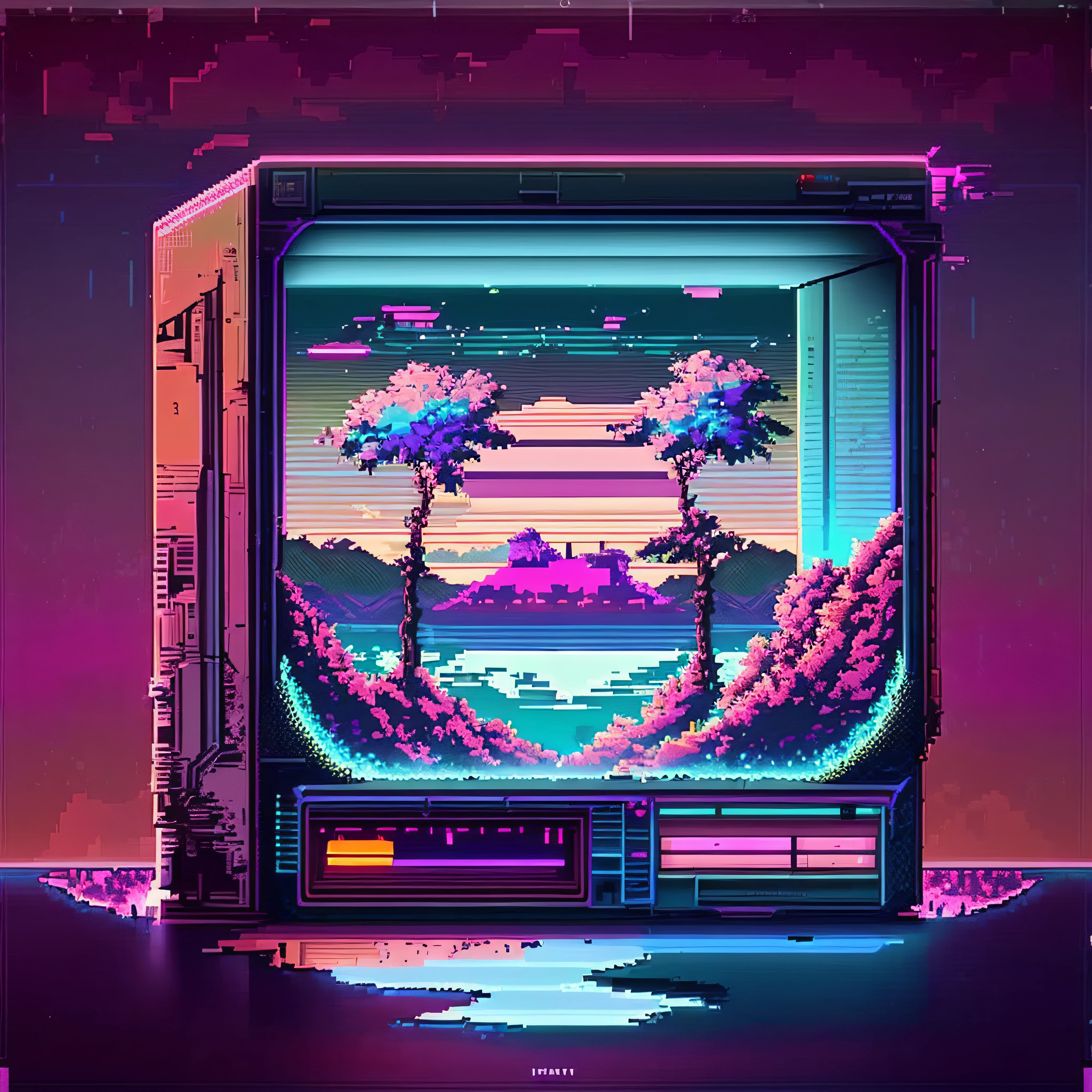Uma imagem de uma imagem estilo pixel art imagem de uma tela de TV, selva vaporwave, vaporwave cyberpunk, Epic retrowave art, nostalgia vaporwave, obra-prima estilo vaporwave, retrowave vibes, vaporwave ambiente papel de parede, 8 0 ies aesthetics, synthwave aesthetic, masterpiece epic retrowave art, estilo de arte synthwave, Retrowave Epic Art, arte retrowave, 4k, 8k, realistic, HDR
