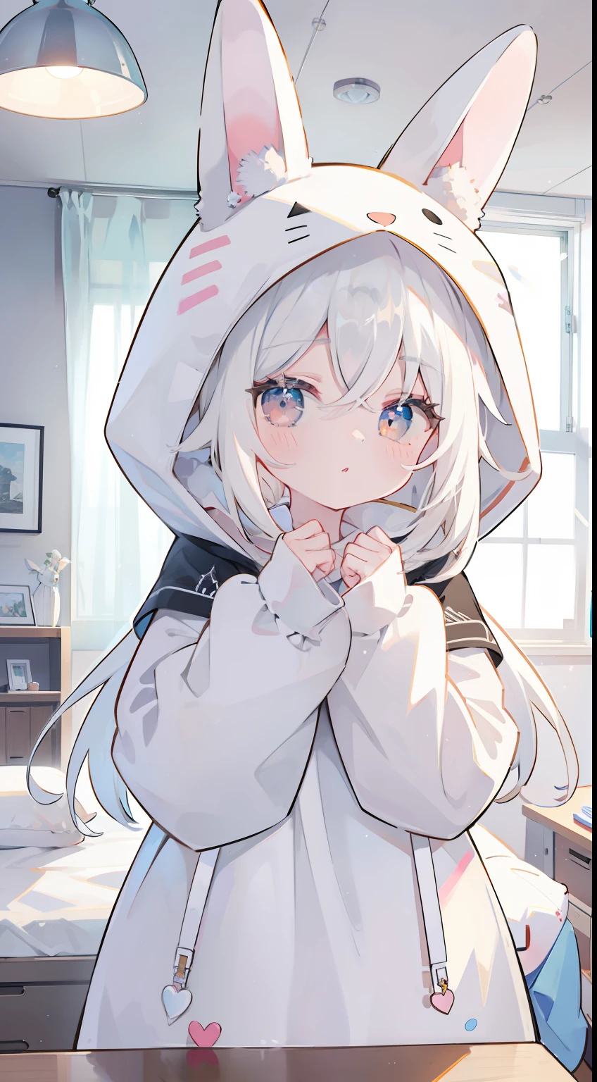 Hood Up,Rabbit ears、inside in room、Cute room、One girl、white  hair、​masterpiece、Top image quality、top-quality、