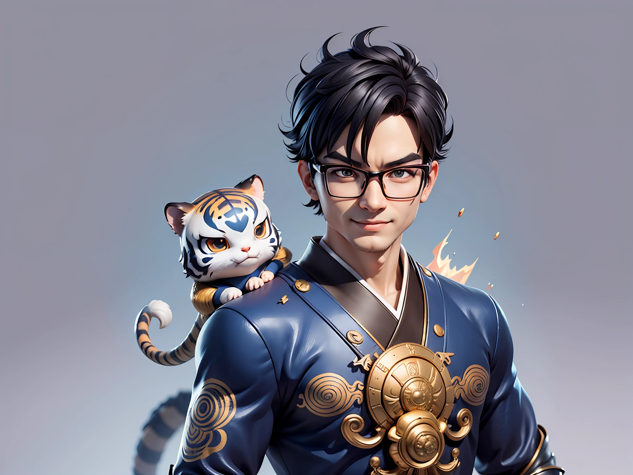 (Masterpiece), (Excellent), (Super Meticulous), (Full Body: 1.2), Super Young Man with Japanese Female Geisha, Pretty, Beautiful, Chinese Dragon, Tiger, Wind God Thor, Sexy, Bursting, Oriental Face, TV Anchor, Bust Portrait Illustration, Black Suit, Blue Tie, Slightly Chubby Face, Silver Glasses, Very Clean Face, No Beard on Chin, Black Super Short Hair, Black Eyes, Confident Smile, 3c Computer Sub-Products, iPad, iPhone, Digital Painting, 3D character design by Mark Clairedon and Pixar and Hayao Miyazaki and Akira Toriyama, the illustrations are HD illustrations in 4K resolution with highly detailed facial features and cartoon-style visuals.