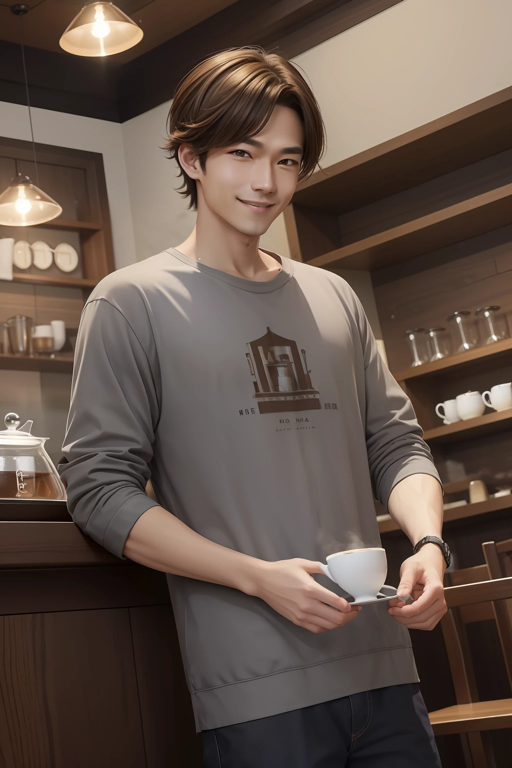 (masterpiece)8K分辨率、top-quality、Man in casual clothes having tea in coffee shop、Brown hair shortcut、Ash gray eyes、Very cool、Nice Buddy、kindly smile、Full body like