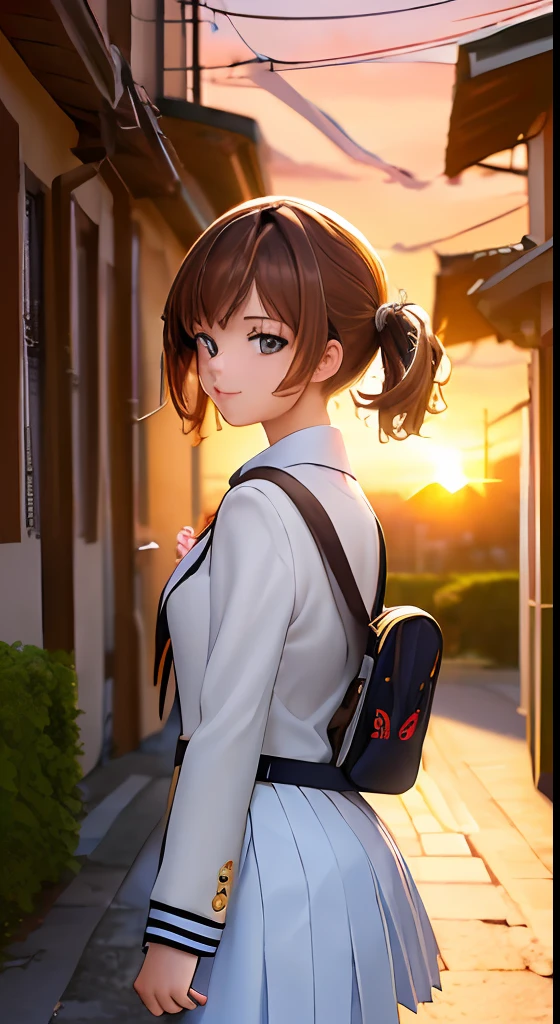 ((masterpiece,best quality,ultra detailed,ultra high res,detailed background)),alley,1girl,white school uniform,sideways,brown hair,hair over shoulder,solo focus,walking,shoulder bag,sunset,dusk,sunlight,light smile,looking at viewer,chiaroscuro,