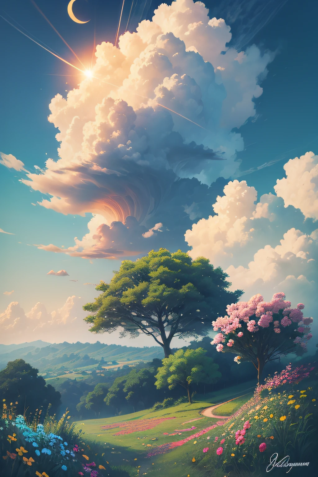 uma bela obra de arte, paisagem com muitas flores, primavera, nuvens e efeito solar