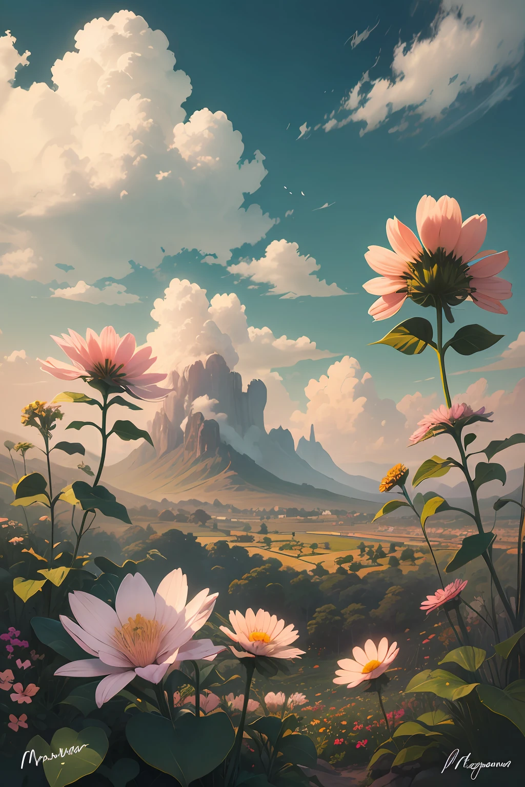 uma bela obra de arte, paisagem com muitas flores, primavera, nuvens e efeito solar