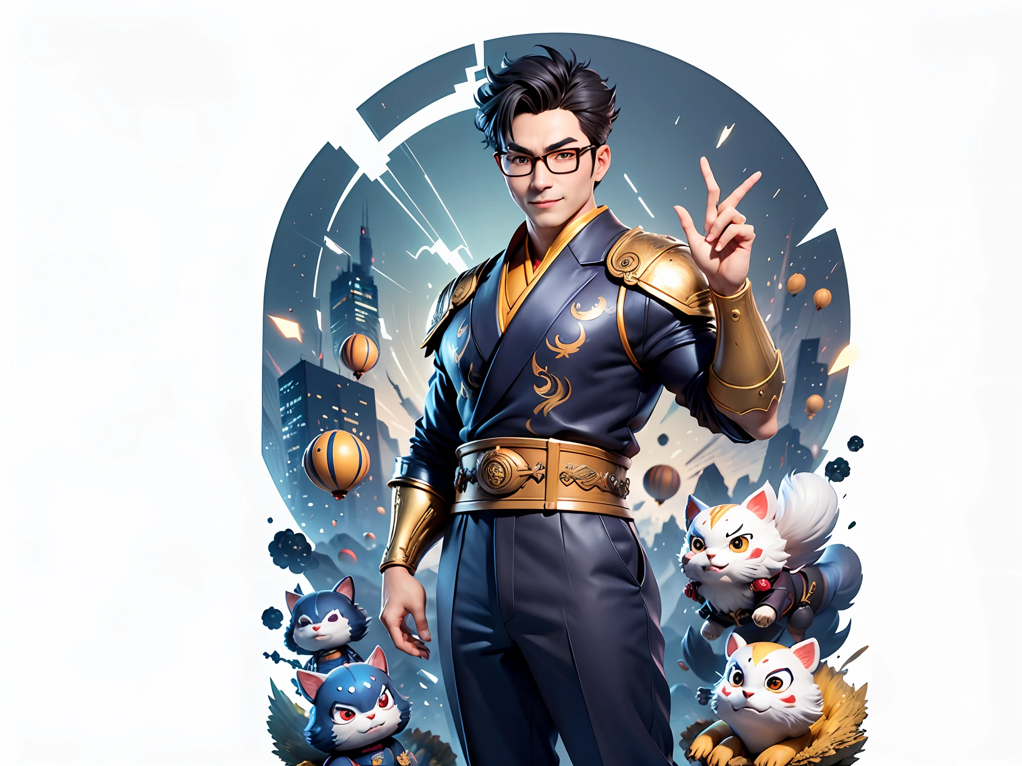 (Masterpiece), (Excellent), (Super Meticulous), (Full Body: 1.2), Super Young Man with Japanese Female Geisha, Pretty, Beautiful, Chinese Dragon, Tiger, Wind God Thor, Sexy, Bursting, Oriental Face, TV Anchor, Bust Portrait Illustration, Black Suit, Blue Tie, Slightly Chubby Face, Silver Glasses, Very Clean Face, No Beard on Chin, Black Super Short Hair, Black Eyes, Confident Smile, 3c Computer Sub-Products, iPad, iPhone, Digital Painting, 3D character design by Mark Clairedon and Pixar and Hayao Miyazaki and Akira Toriyama, the illustrations are HD illustrations in 4K resolution with highly detailed facial features and cartoon-style visuals.