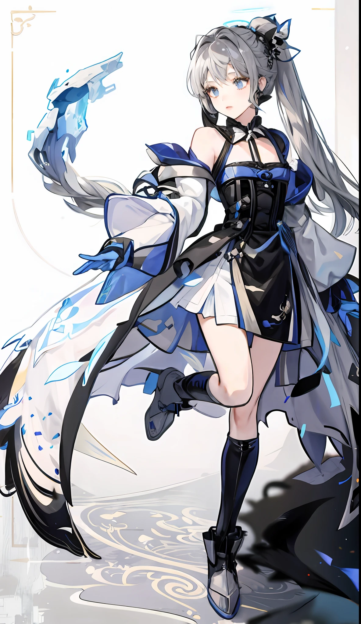 masterpiece, best qualiy, highres,
1girl,herrscher of truth,halo, grey hair,grey eyes,ponytail,hair ornament,small breasts,dress,gloves,
bronya zaychik, grey hair, cleavage, bangs, grey eyes, bare shoulders,  full body, game character portrait, white background,cappa, detailed grey eyes,
thigh boots or white thighhighs,