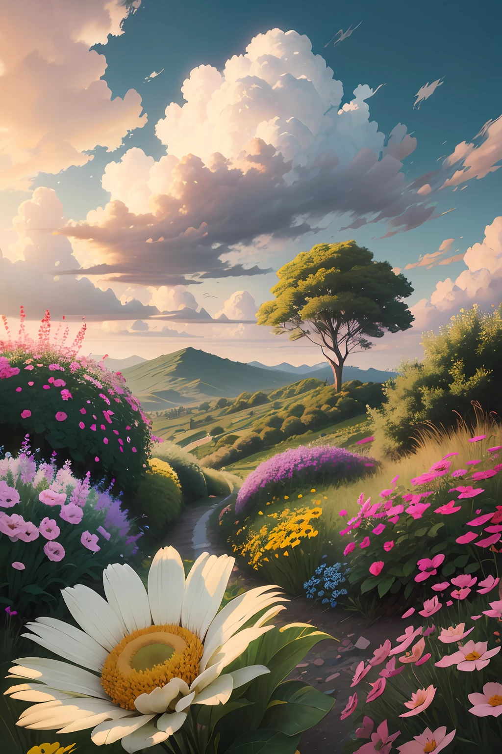 uma bela obra de arte, paisagem com muitas flores, primavera, nuvens e efeito solar