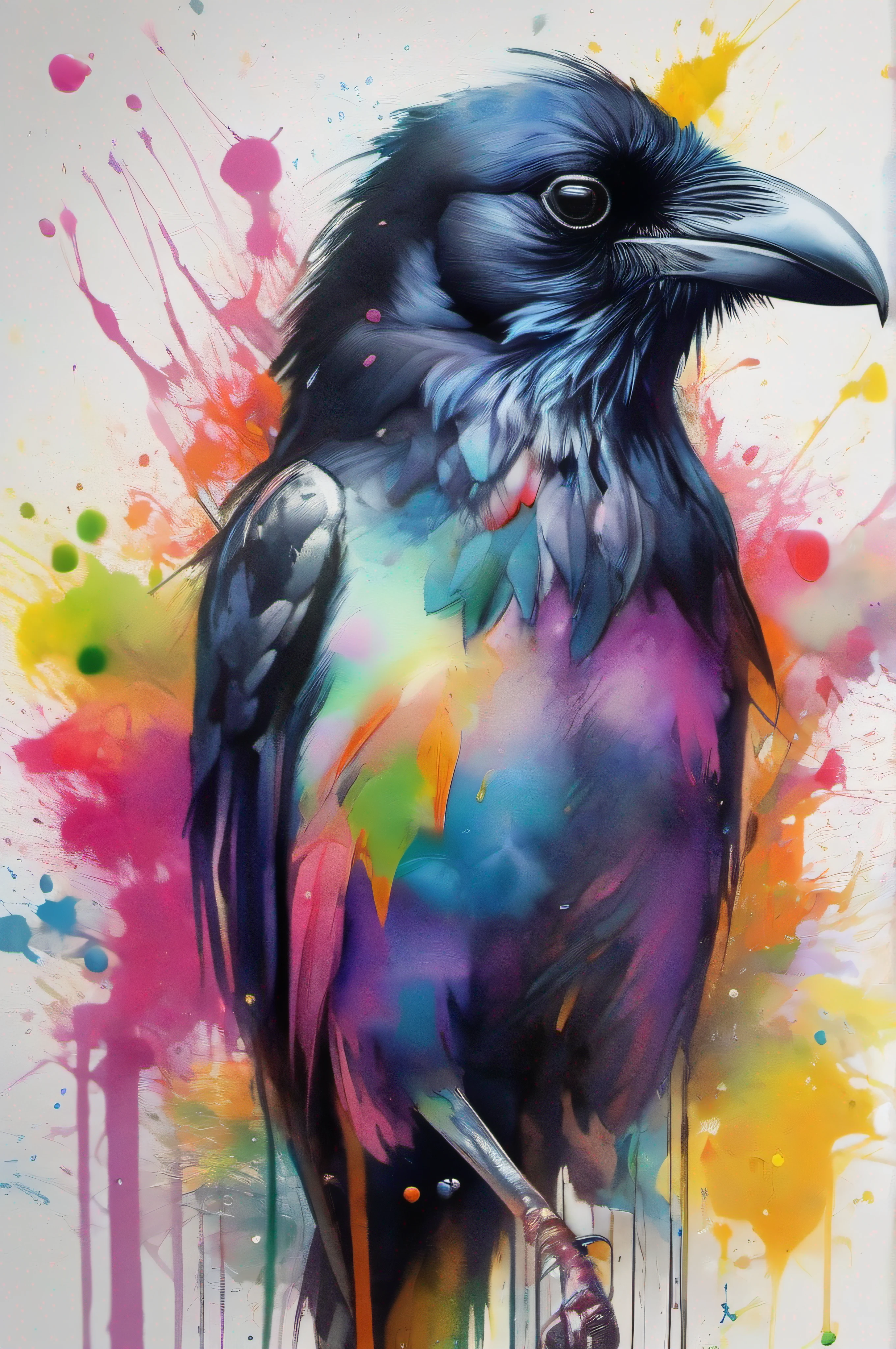 Draw a crow with colorful ink on its face, archan nair, painted in bright water colors, animal drawing, vibrant watercolor painting, painting of cute dog, Stunning artwork, Surrealism with bright colors, plethora of colors,detail-rich, lovely digital painting, Amazing, digital art animal photo, colorful art, art of alessandro pautasso, watercolor detailed art
